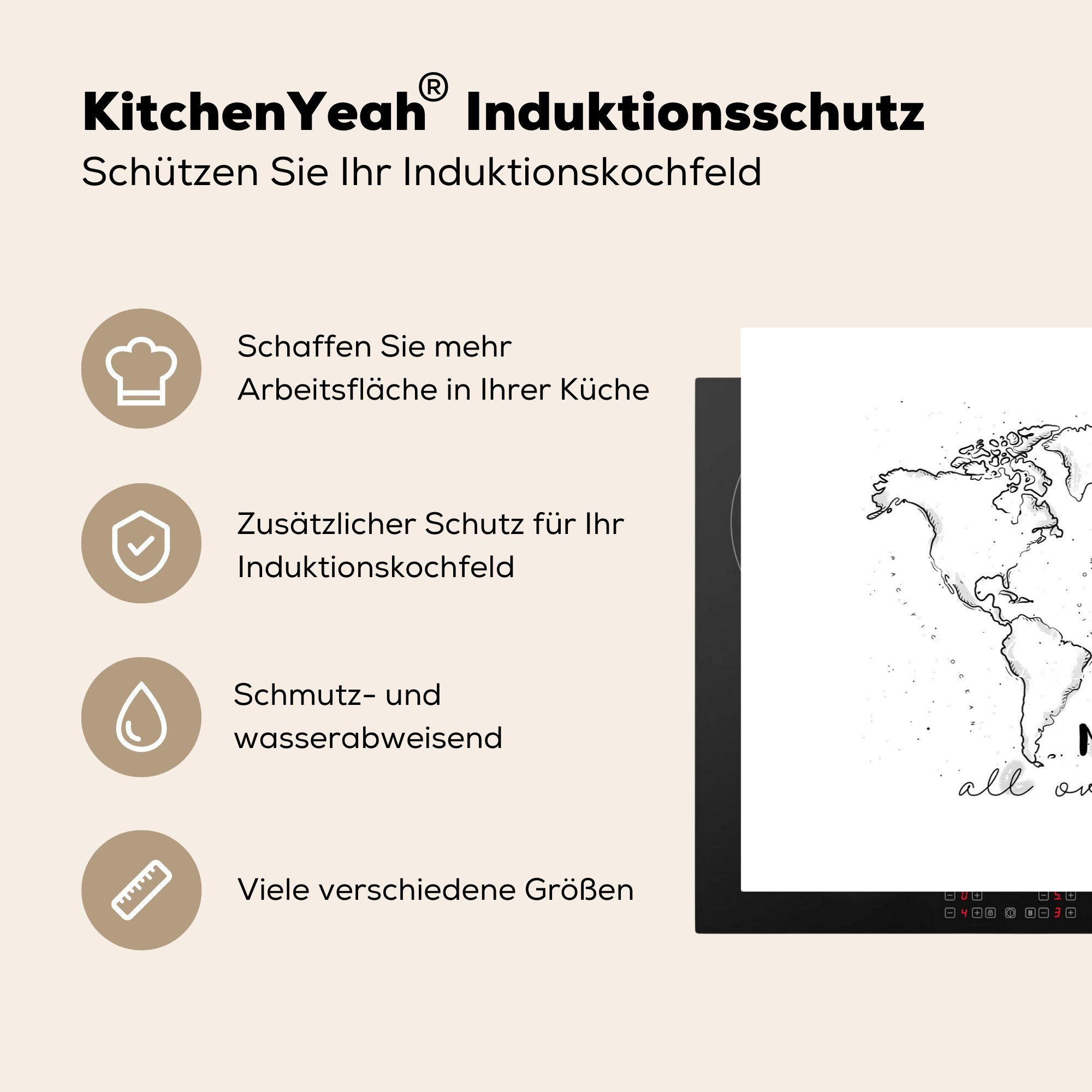 MuchoWow Herdblende-/Abdeckplatte Weltkarte - Zitat Vinyl, tlg), Reisen, küche, Schutz Ceranfeldabdeckung Induktionskochfeld - (1 81x52 cm, für die