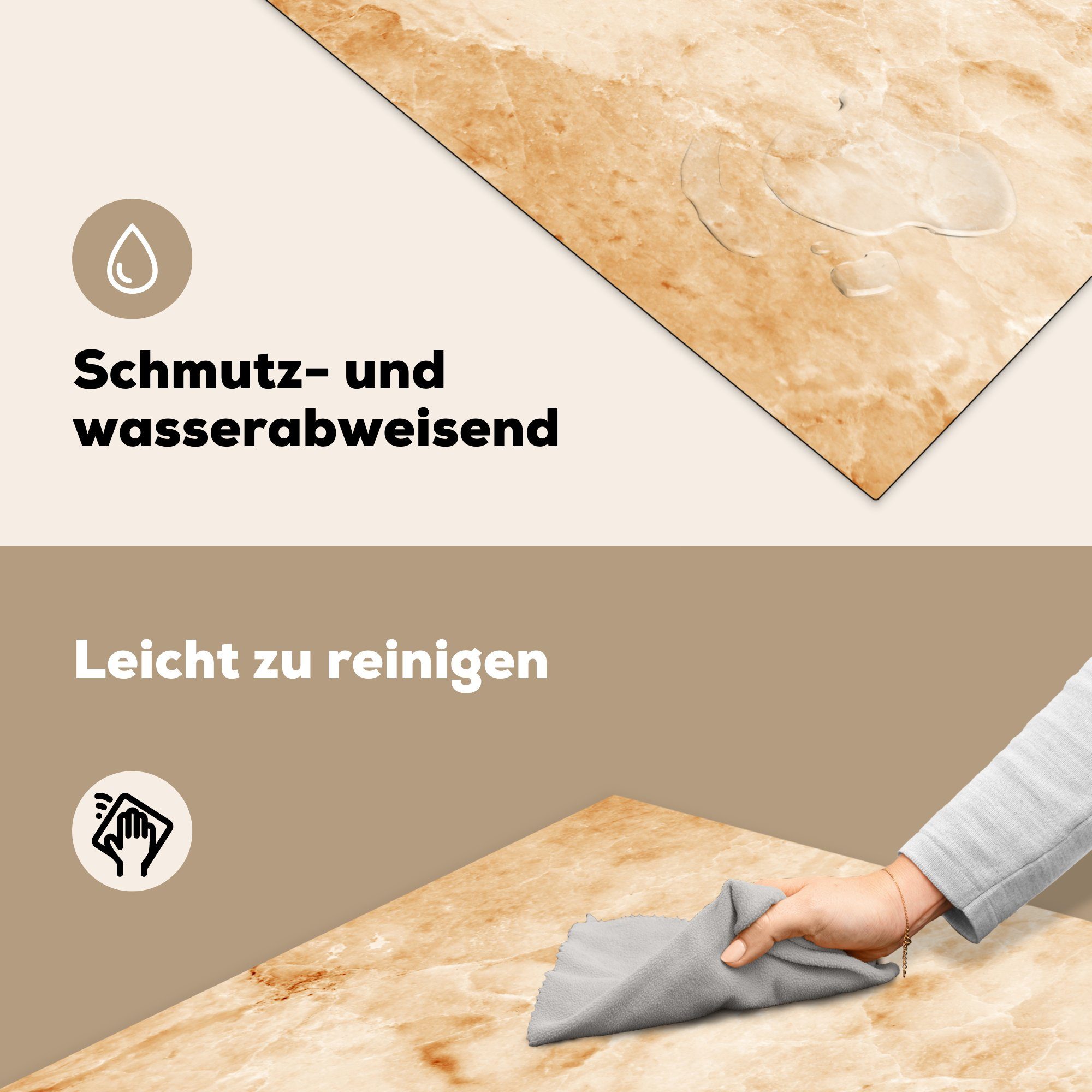 für - cm, Vinyl, MuchoWow tlg), Arbeitsplatte Ceranfeldabdeckung, Sand - Braun, Marmor 78x78 (1 Herdblende-/Abdeckplatte küche