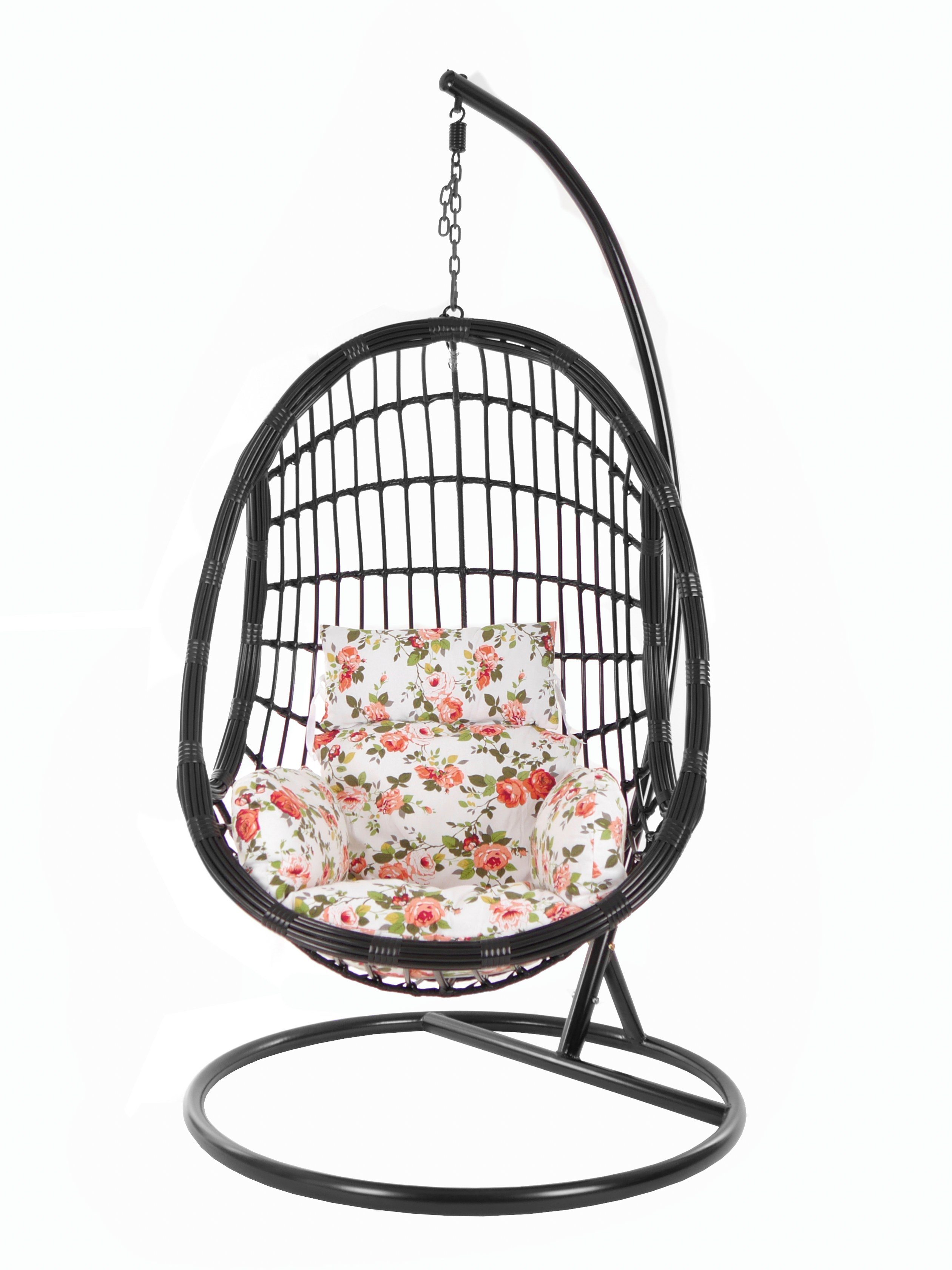 Muster (3761 Chair, Gestell black, KIDEO PALMANOVA Hängesessel Loungemöbel, mit Schwebesessel, Hängesessel rosen Schwarz, Kissen, roses) und Swing