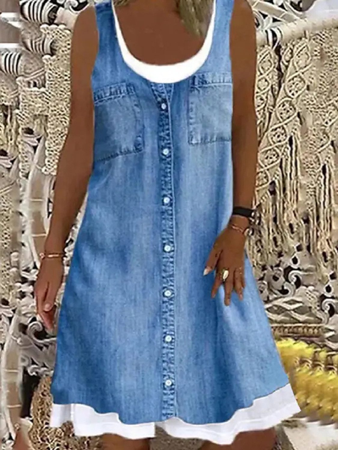 KIKI Jeanskleid Lässiges ärmelloses Jeanskleid, Rüschenkleid mit Rundhalsausschnitt