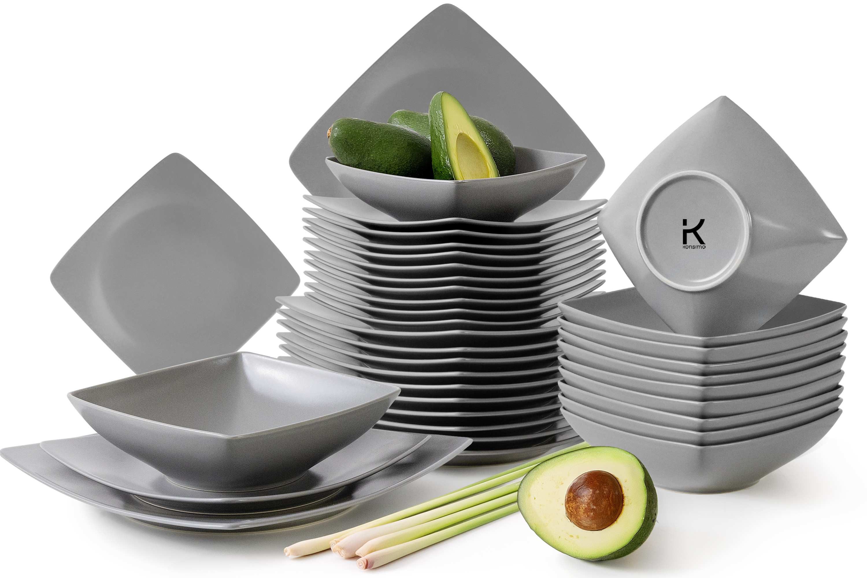 KONSIMO® Kombiservice EPIRI Tafelservice hergestellt in der EU, Modern, 12 Personen (36-tlg), 12 Personen, Keramik, quadratisch, Spülmaschinenfest Mikrowellenfest