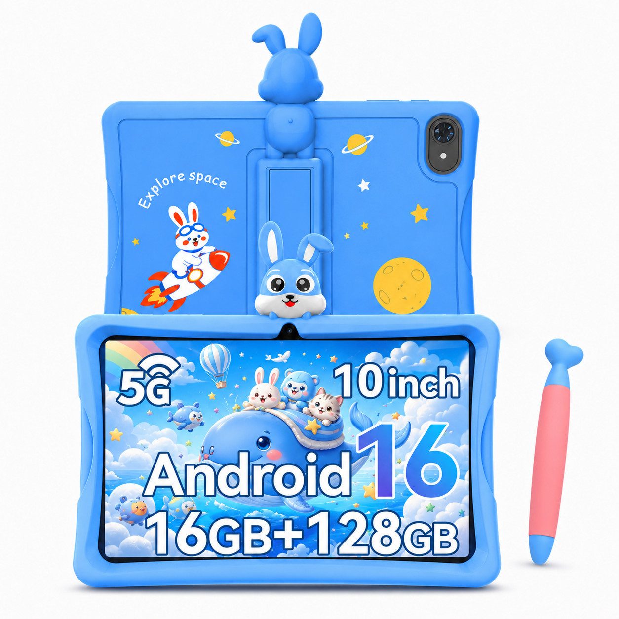 KINGRID 10.1" Kids Tablet Android 16 mit TPU-Schutzhülle/Stift Tablet (10.1", 128 GB, Android16, 5000 mAh, Kindersicherung, Widevine L1, WiFi 6, Kids Space)