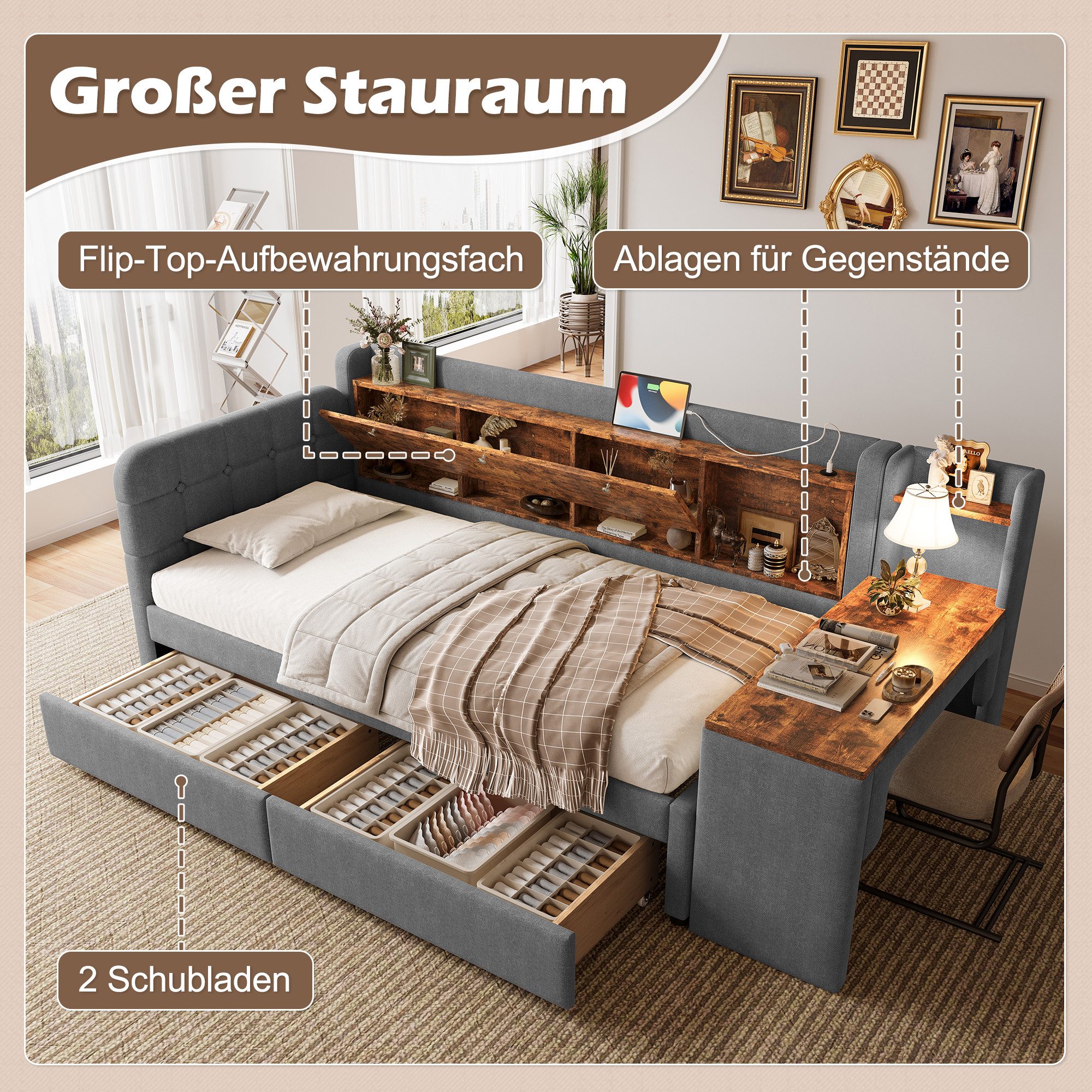 SOFTWEARY Stauraumbett mit Schreibtisch (90x200 cm, günstig online kaufen