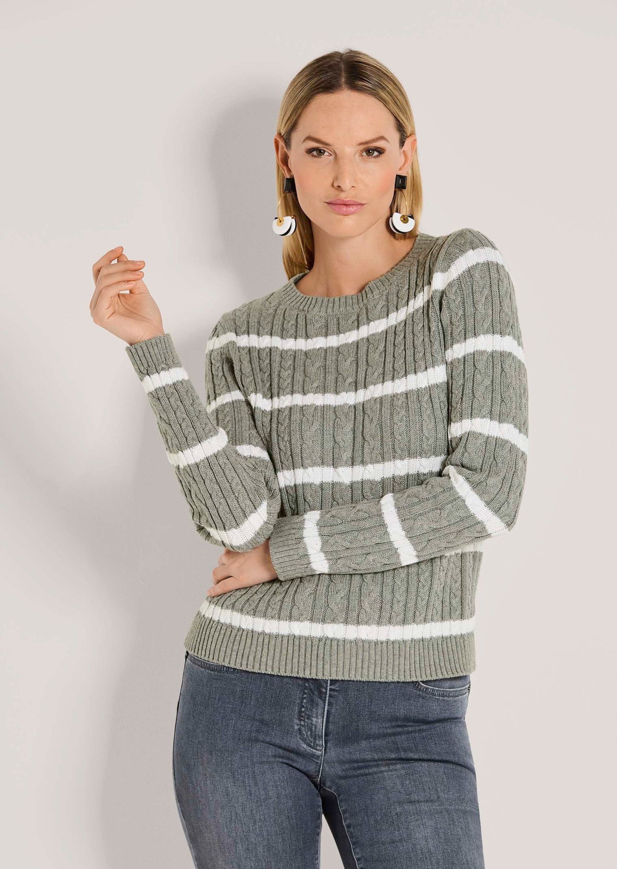 MADELEINE Strickpullover Moderner Baumwollpullover mit Zopfmuster und Ringe günstig online kaufen