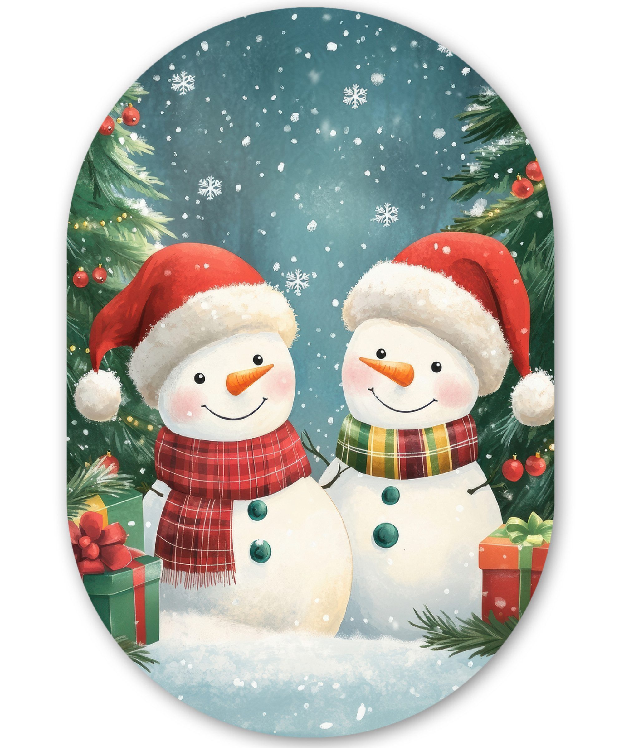 MuchoWow Gemälde Schneemann - Weihnachtsschnee - Grün - Rot, Fotodruck (1 St), Wandbild Oval, Wohnzimmer oder Schlafzimmer Wanddekoration, 40x60 cm