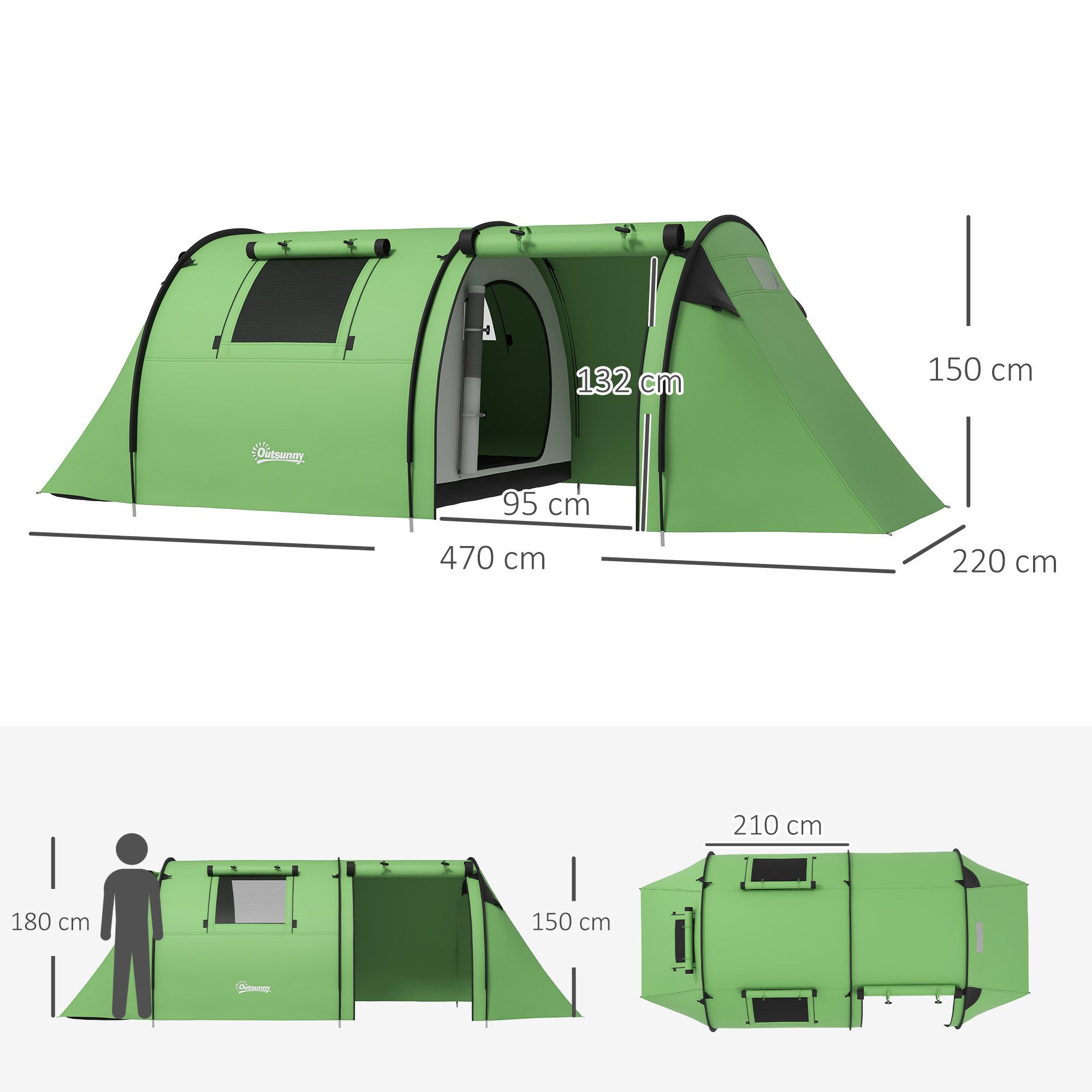 Outsunny Kuppelzelt Campingzelt stabil mit Schlafzimmer Wohnzimmer, Tunnelzelt, Personen: 4 (wasserdicht Campingzelt, 1 tlg., Familienzelt), für Camping Reise, Dunkelgrün