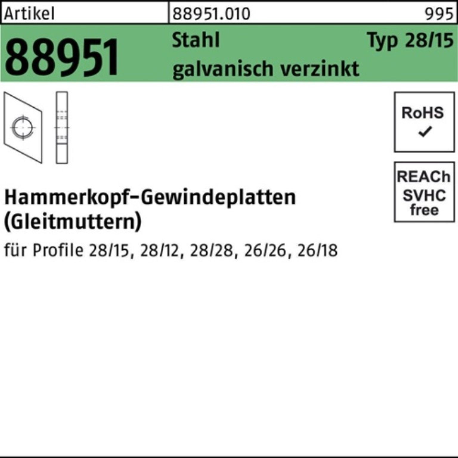 Reyher Hammer 100er Pack Hammerkopfgewindeplatte R 88951 Typ 28/15 M8 Stahl galv.ver