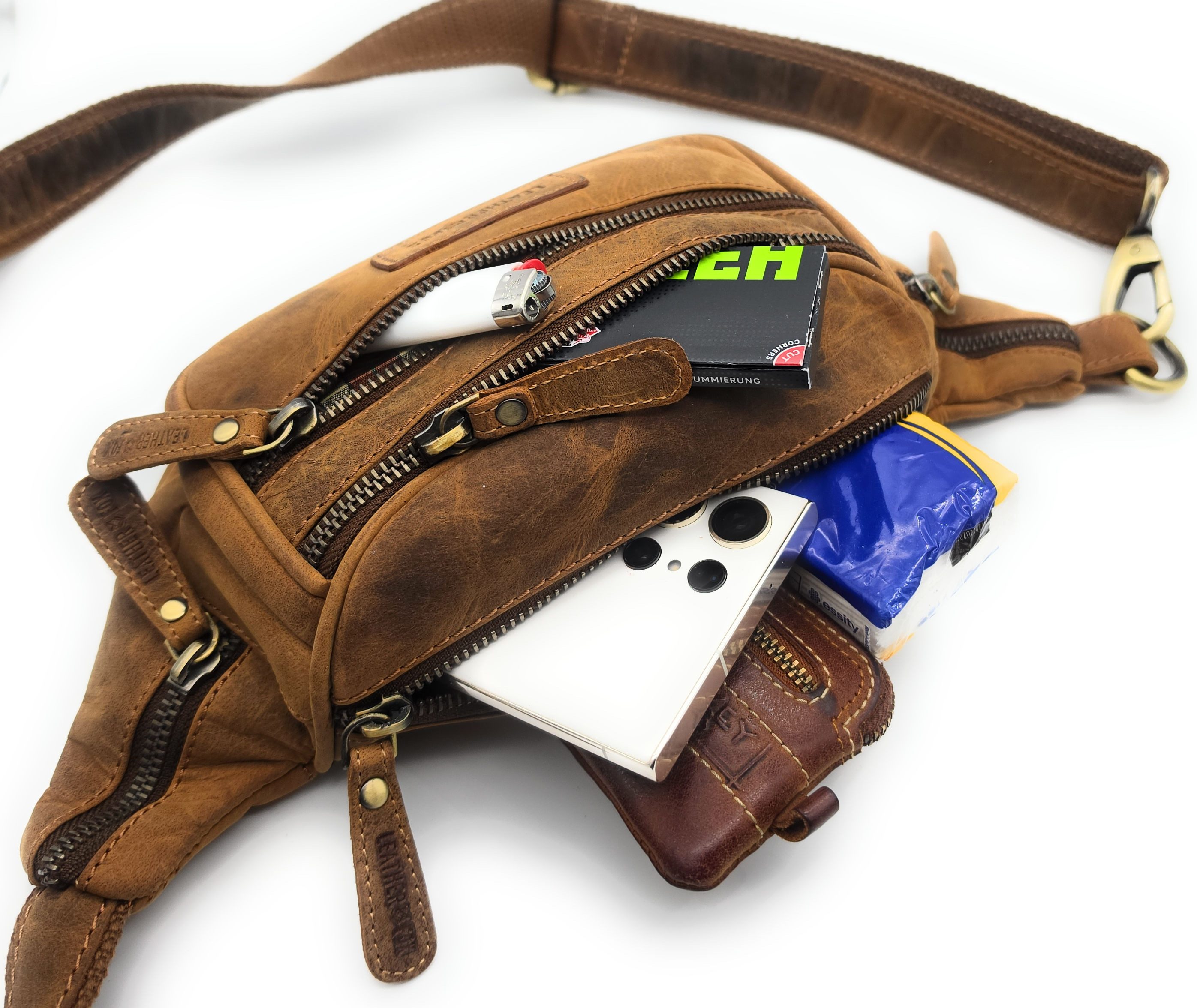 Lemasi Bauchtasche Hüfttasche Waistbag aus Büffelleder mit 6 Reißverschlussfächern
