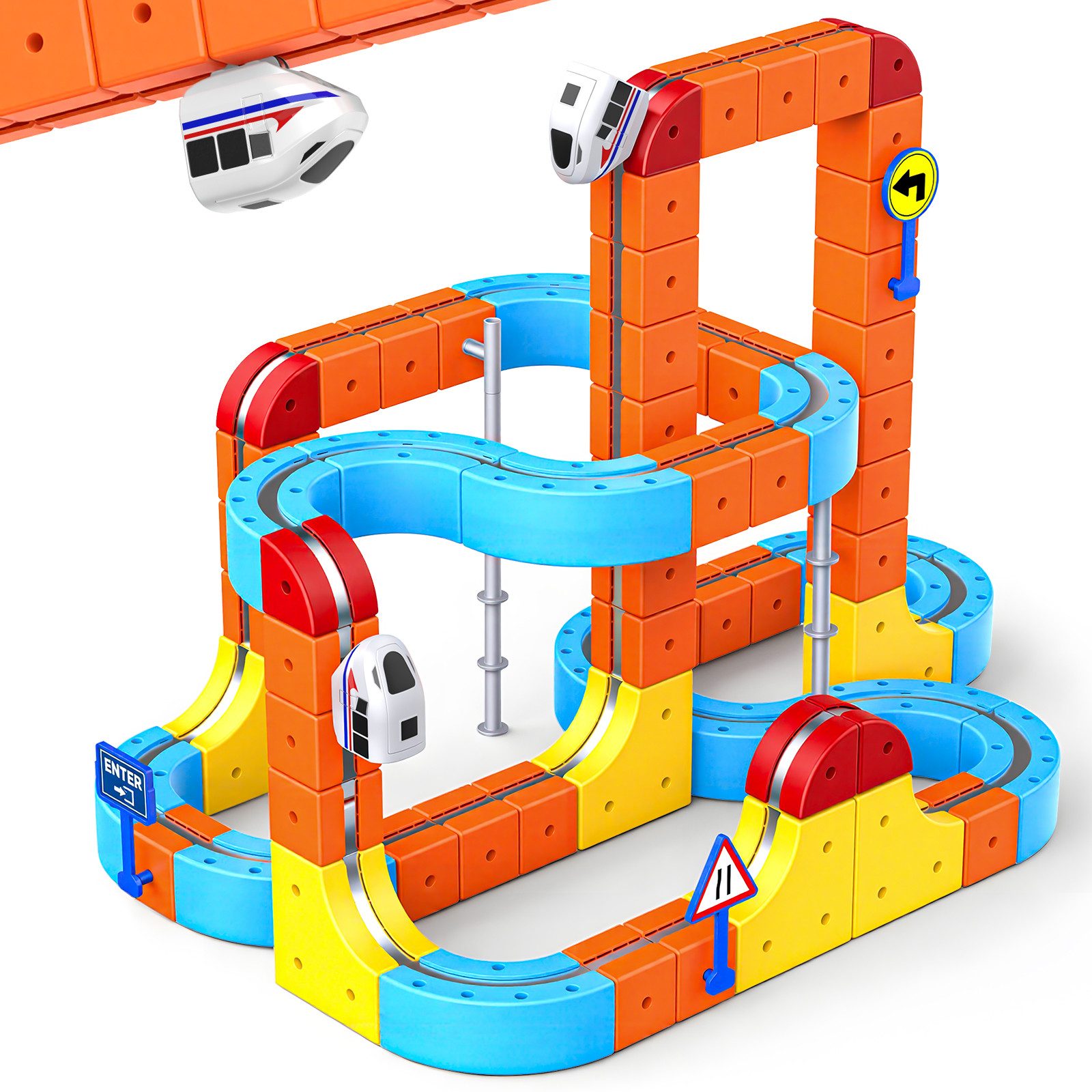 Wootoy Spielzeug-Eisenbahn Autorennbahn Lernspielzeug Zugbahn-Set Spielzeug-Zug mit USB-aufladbar, (mit Anti-Gravity-Technologie Saugnapf-Befestigung, 56-tlg., fördert Kreativität, logisches Denken und praktische Fähigkeiten), 3D-Streckensystem für Brücken, Kurven, Rampen und Rennstrecken