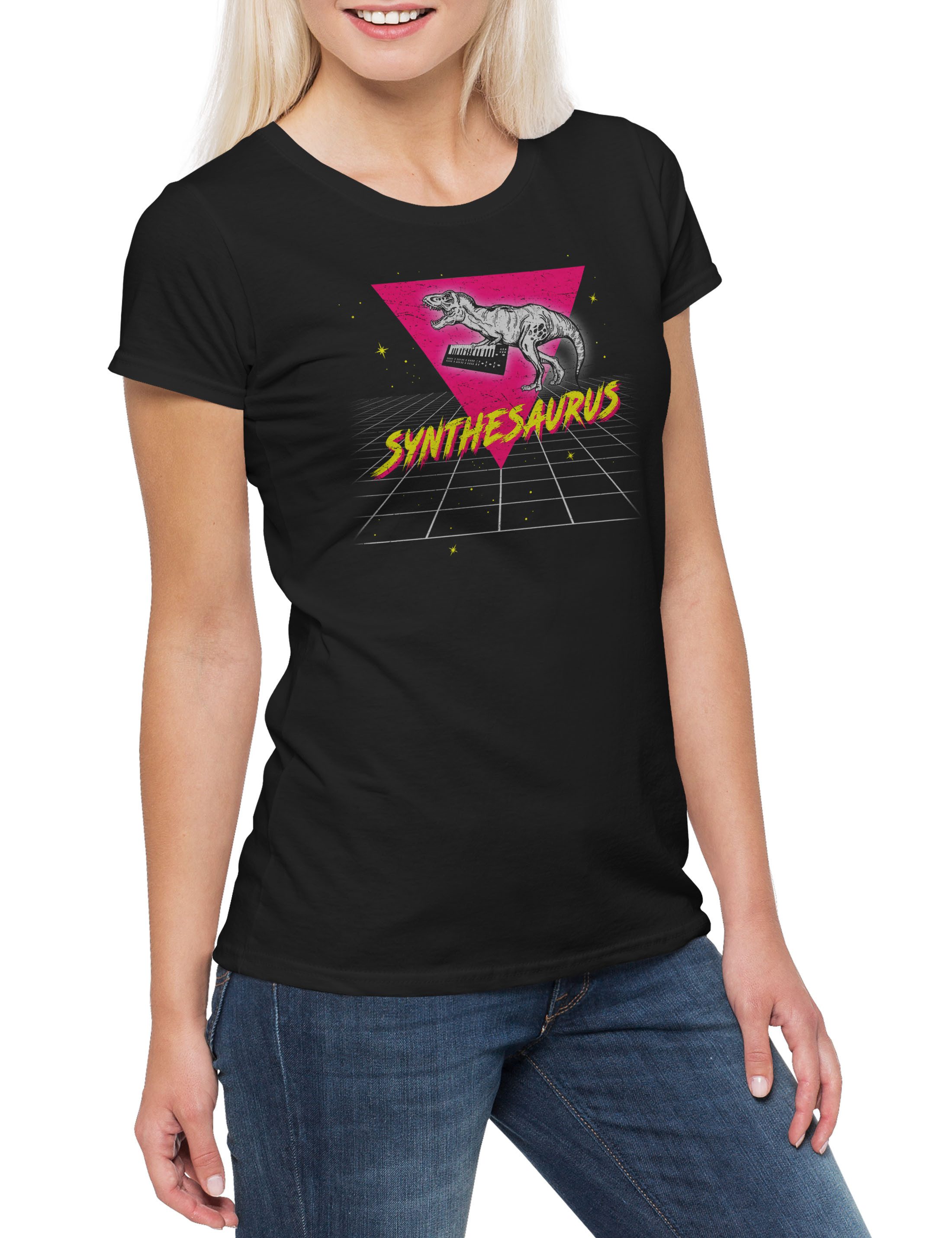 Print-Shirt Synthesaurus I Damen T-Shirt Synthesizer Electro Techno LFO Musik