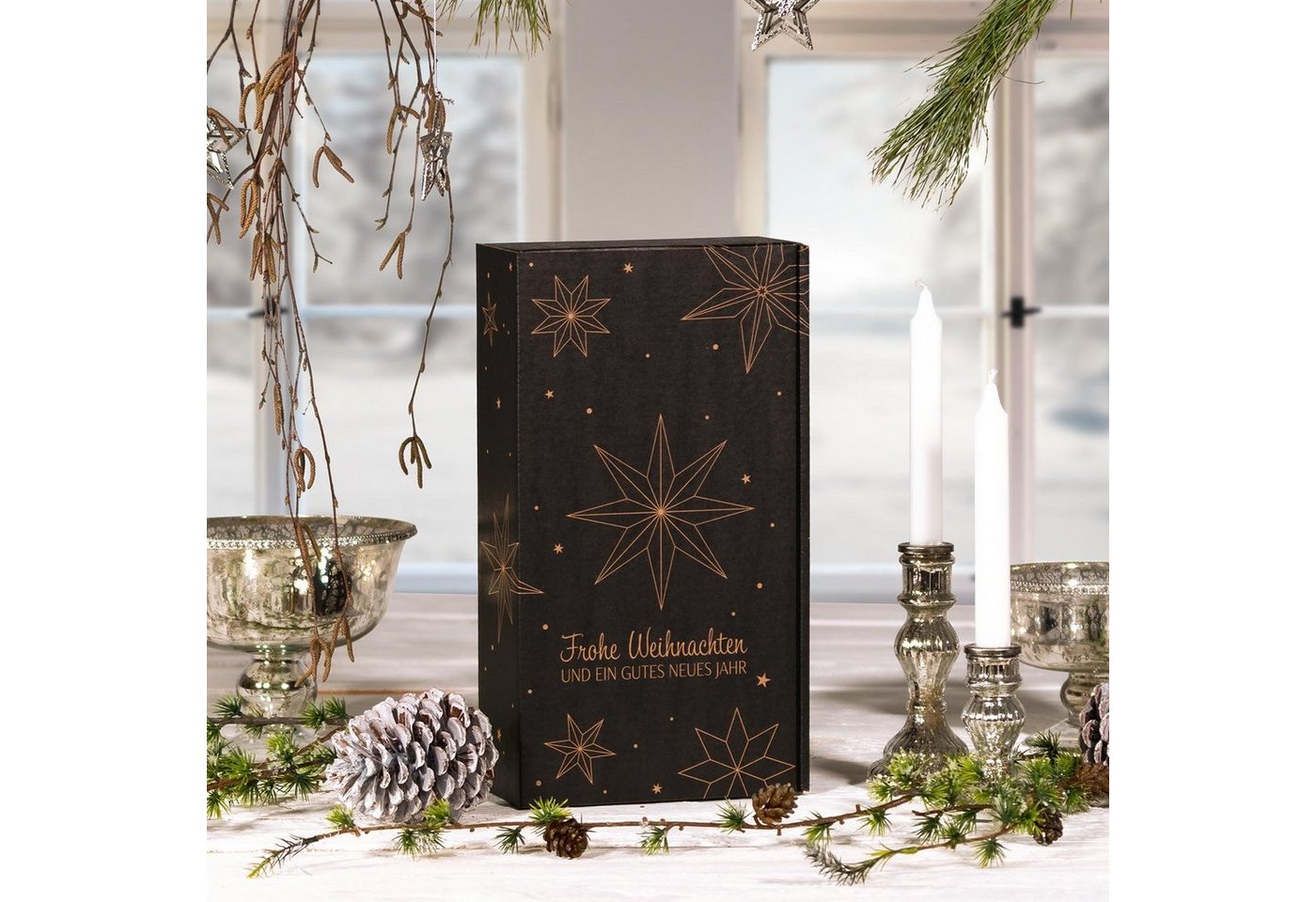 Thumbnail - KK Verpackungen Geschenkbox (500 St), Präsentkarton 2 Flaschen 360x180x90mm Kraftpapier Weihnachten Schwarz