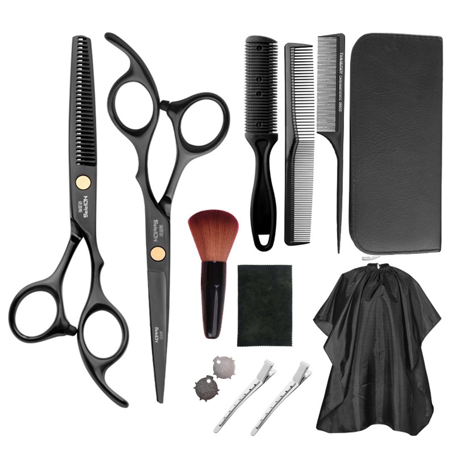 Edelstahl Friseurumhang, mit Set, Haarschere, Damen/Herren/Kinder (13er Schwarz Haarschneideschere Friseur Friseurschere), Vicbuy Haarscheren-Set,