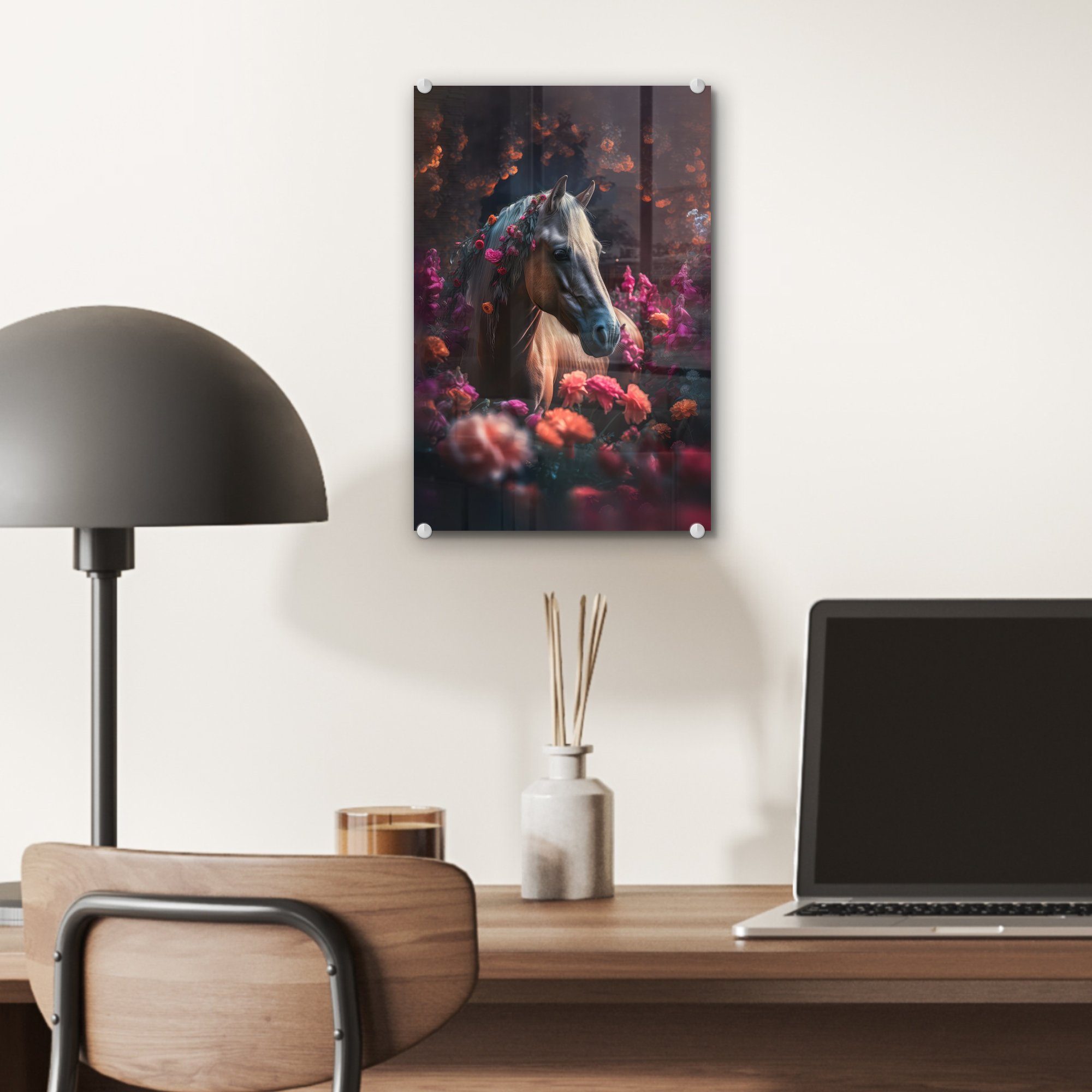 MuchoWow Acrylglasbild Pferd Wandbild Orange - Foto Glas - Lila - Blumen - auf - auf St), Wanddekoration Glasbilder Tiere, Bilder (1 - - Glas