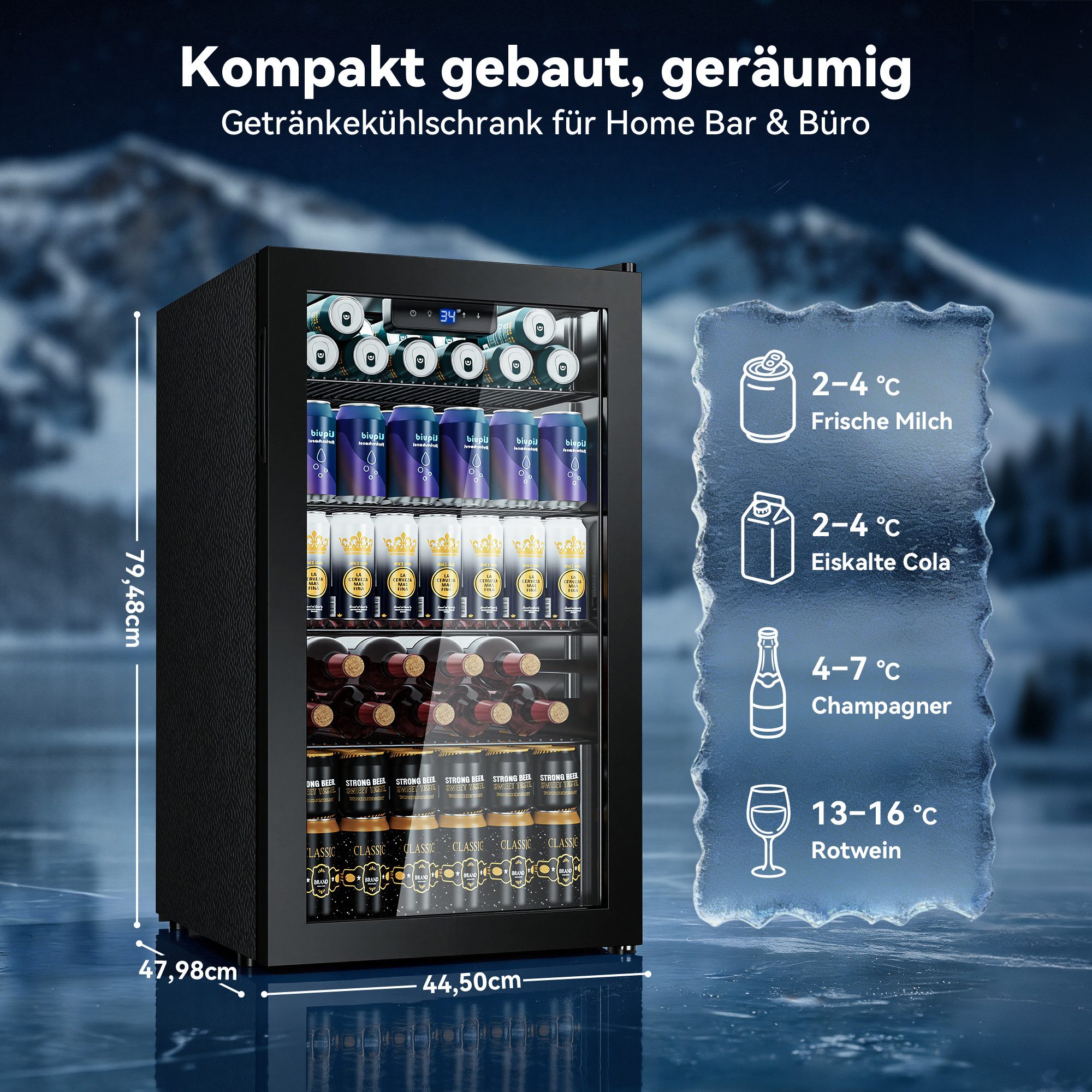 Furnicopia Getränkekühlschrank 86L, frostfrei mit Umluftkühlung, Doppelglastür, umkehrbarer Türanschlag für Zuhause, Büro und Bar YC-86, umkehrbare Tür, verstellbare Füße, Doppelverglasung,  LED-Beleuchtung