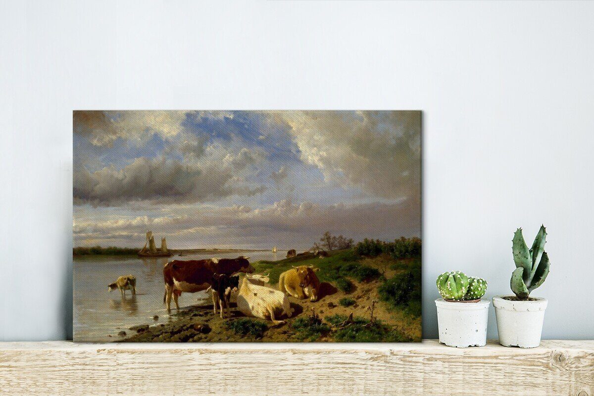 OneMillionCanvasses® Leinwandbild Landschaft mit Rindern St), Aufhängefertig, Wandbild von Anton Gemälde 30x20 (1 Mauve, Wanddeko, cm Leinwandbilder, 