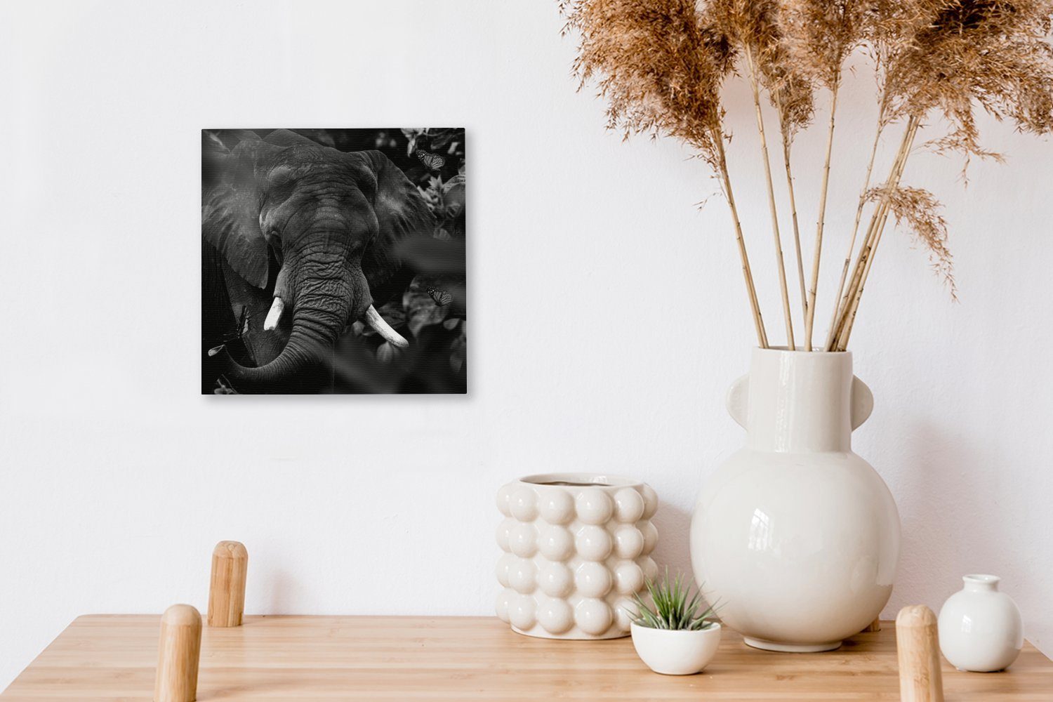 Wohnzimmer Schlafzimmer Tiere - Leinwand Bilder (1 Leinwandbild Weiß, Schmetterlinge Elefant Schwarz - OneMillionCanvasses® St), - für -