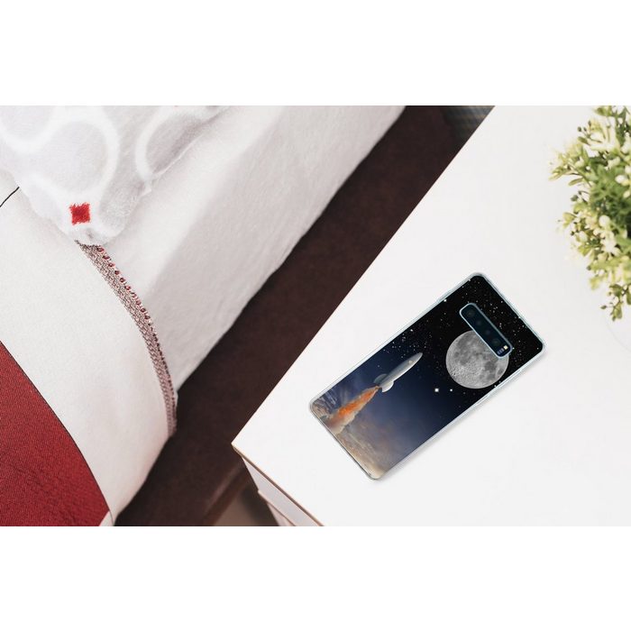 MuchoWow Handyhülle Eine Illustration der Raumfähre und des Vollmondes Phone Case Handyhülle Samsung Galaxy S10+ Silikon Schutzhülle FN11377
