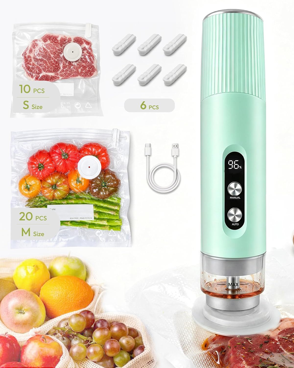 Maestri House Hand-Vakuumierer MHVS03 65 kPa USB-C, 1800 mAh 30 Vakuumbeutel Dichtungsclips x 6