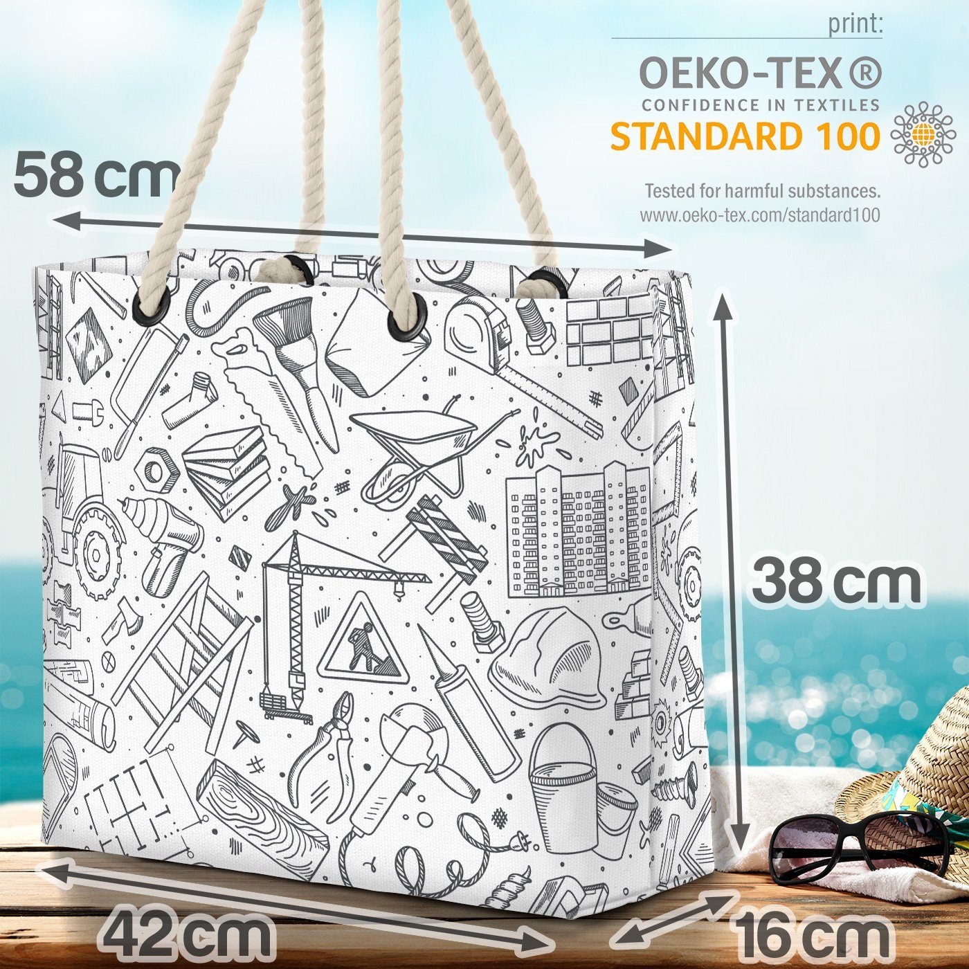 VOID Strandtasche (1-tlg), Kindergrafik Handw Zeichnung Bauen Bauen Leiter Baustelle Bauarbeiter