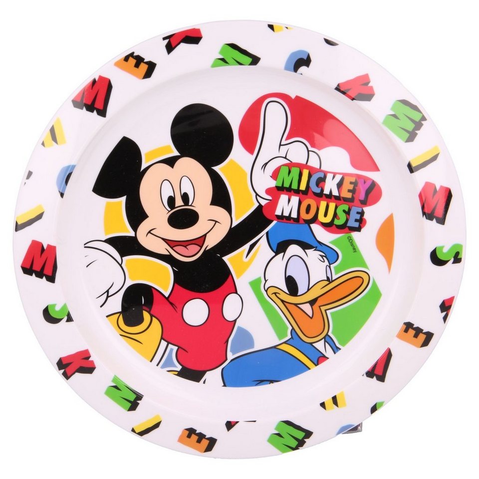 Disney Mickey Mouse Kindergeschirr-Set Mickey Maus (4-tlg), Kunststoff,  Kinder Frühstückset mit Teller, Becher & Besteck