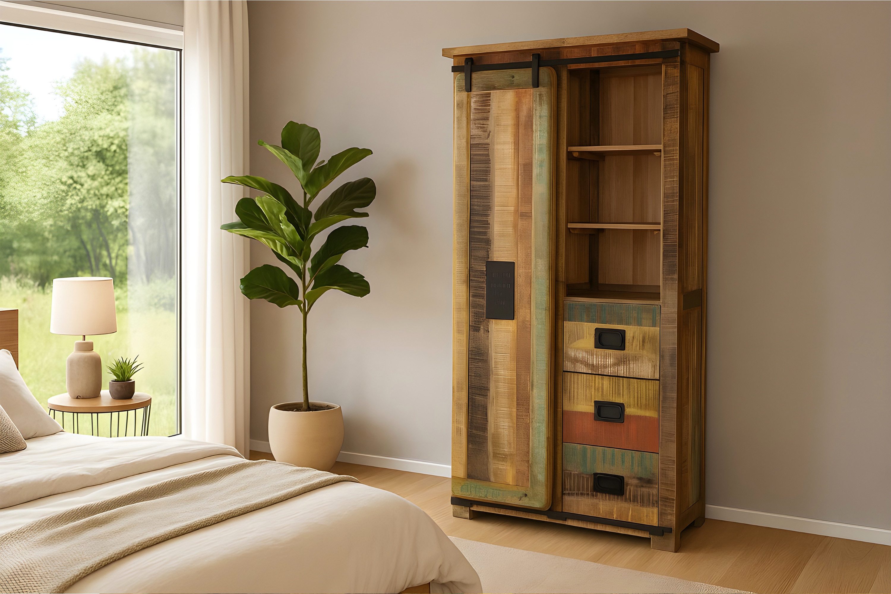 SAM® Kleiderschrank Gia massives Mangoholz, mit Ablagefläche, Schubladen, Metallschiene