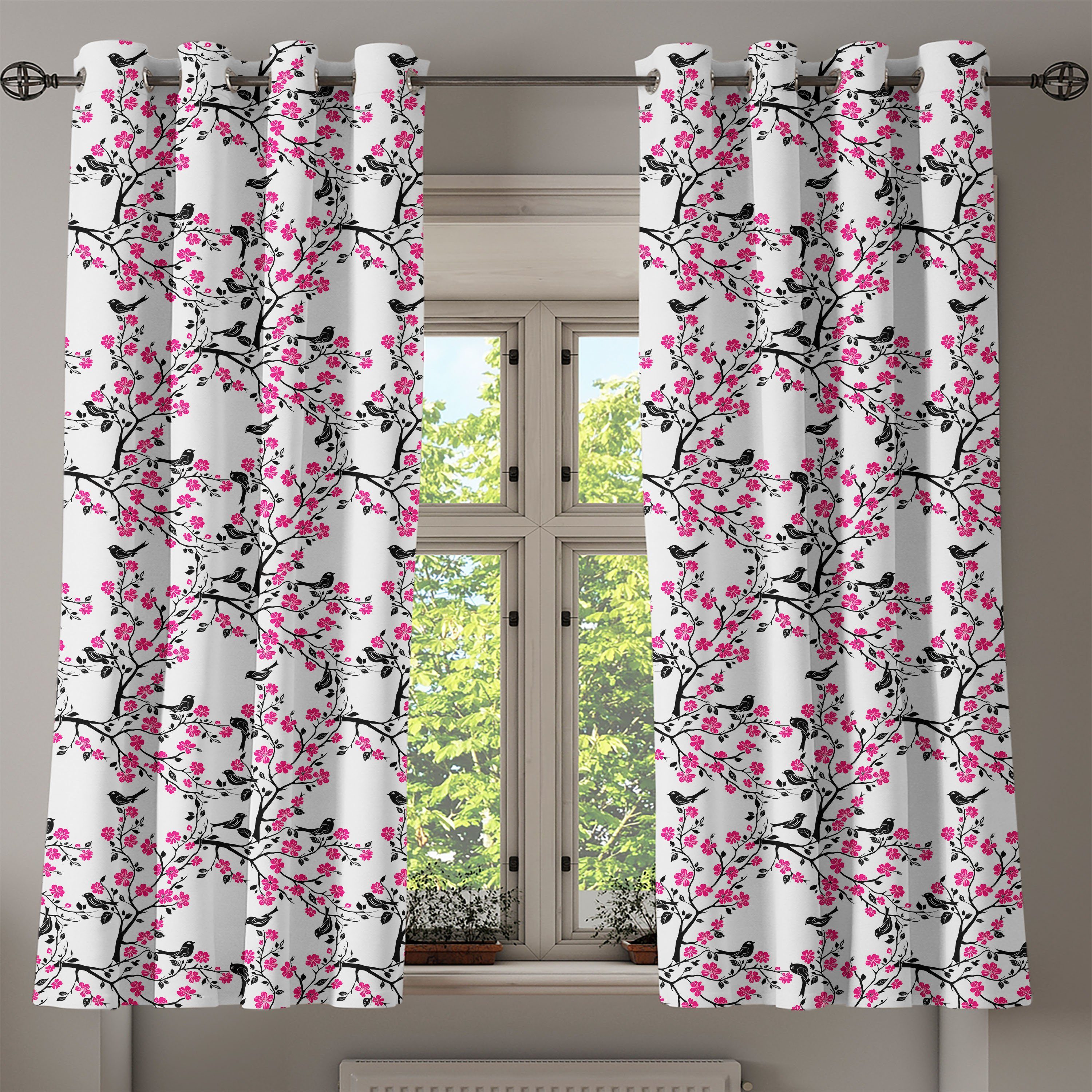 Sakura-Baum-Vogel für Schlafzimmer Dekorative Wohnzimmer, Abakuhaus, 2-Panel-Fenstervorhänge Kirschblüte Gardine