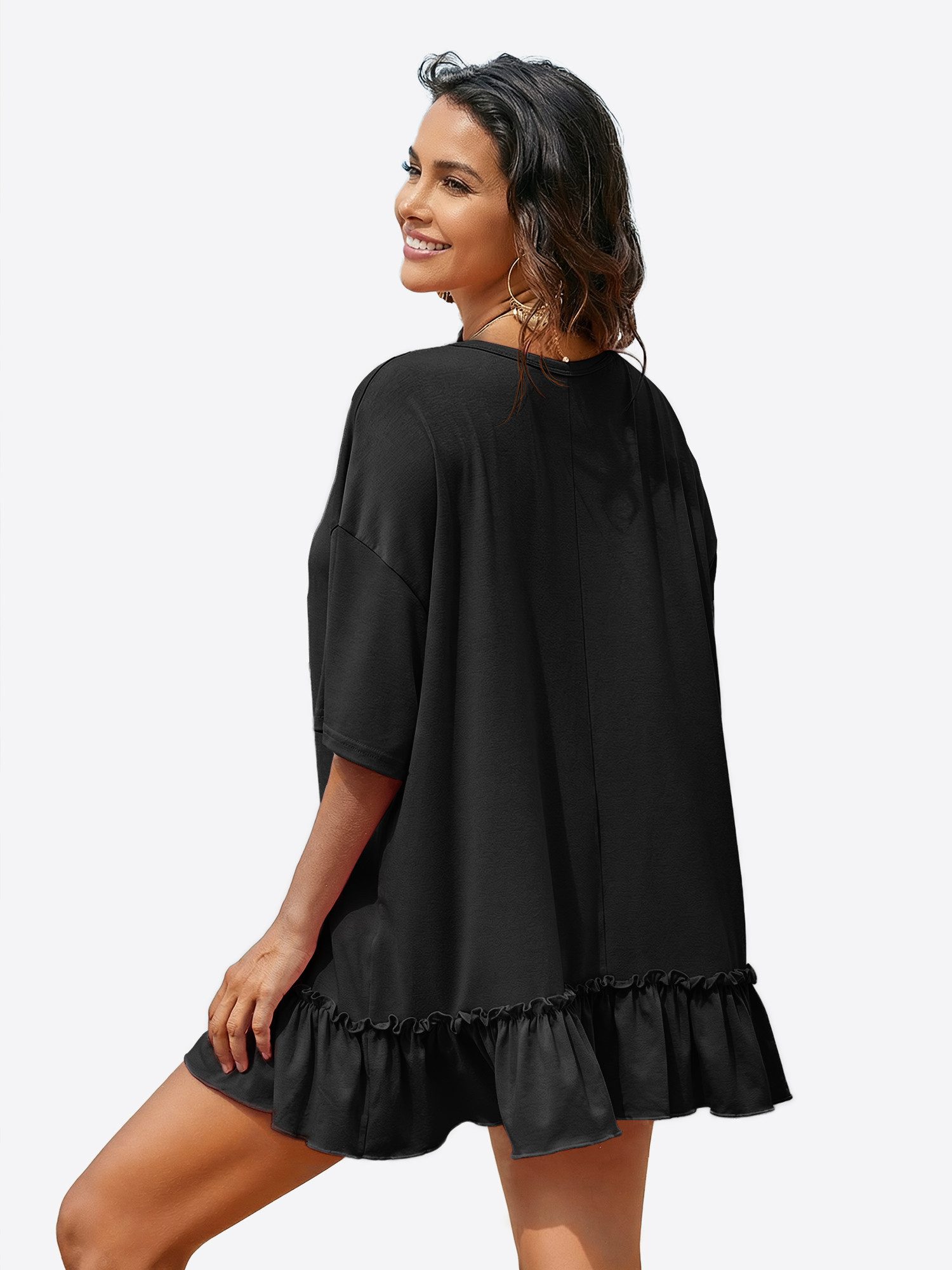 Imily Bela Shirtkleid Damen mit Rüschen Rundhals Oversize Sommer Strand Tunika (Packung, 1-tlg., 1per-Pack) mit Rundhalsausschnitt in Unifarbe