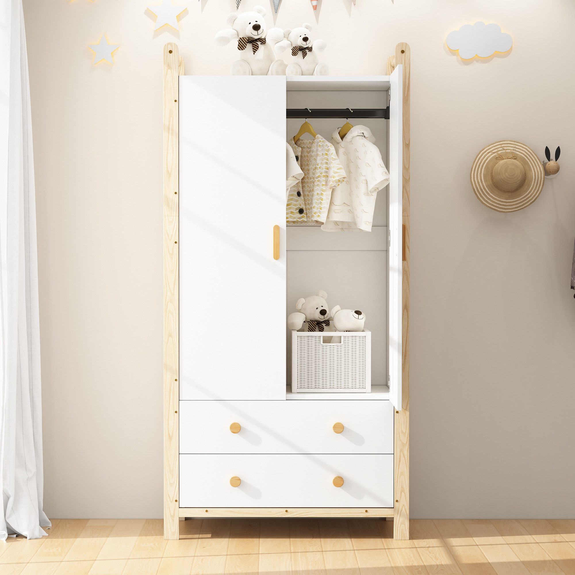 Merax Kinderkleiderschrank Kinder-Kleiderschrank mit 2 Türen, 2 Schubladen, Kleiderstange (1-St., Stauraum für Kinderzimmer) Landhausstil Kleiderschrank, 90×45× – Bild 2 von 5