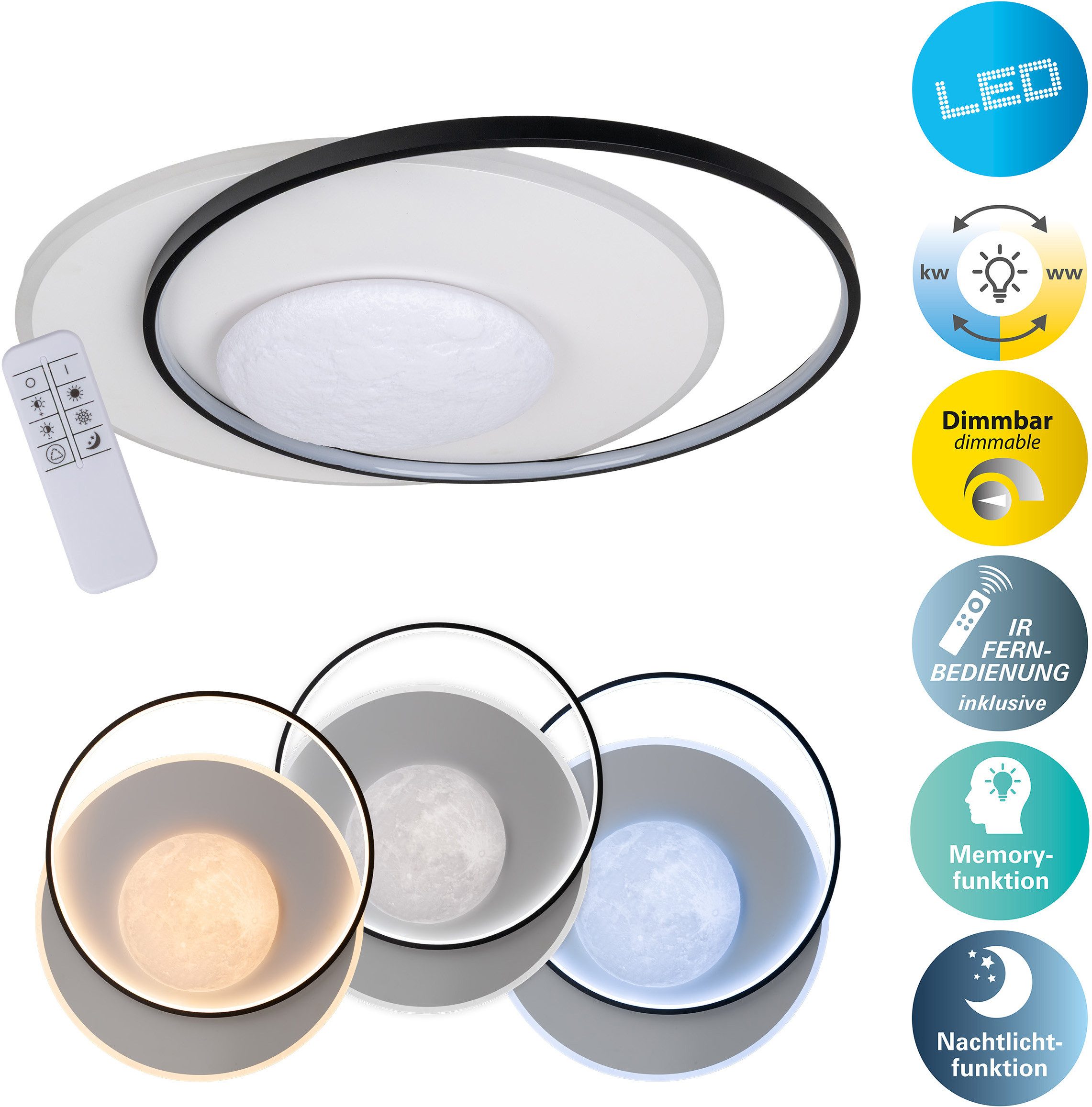 OTTO home LED Deckenleuchte Lianna, CCT - über Fernbedienung, Dimmfunktion, Memoryfunktion, Nachtlichtfunktion, mehrere Helligkeitsstufen, LED wechselbar, warmweiß - kaltweiß, Mondoptik, Memory-, Nachtlicht-, CCT-Funktion, dimmbar, Fernbedienung