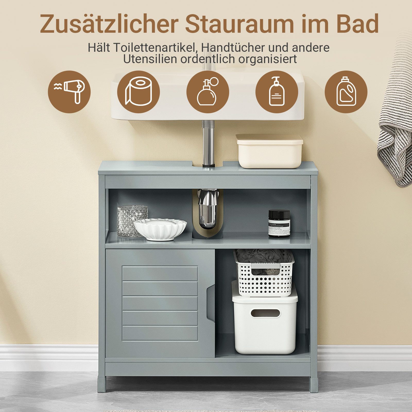 SoBuy Waschbeckenunterschrank FRG128 Badezimmerschrank mit 2 Türen, Unterschrank Waschtisch, freistehend