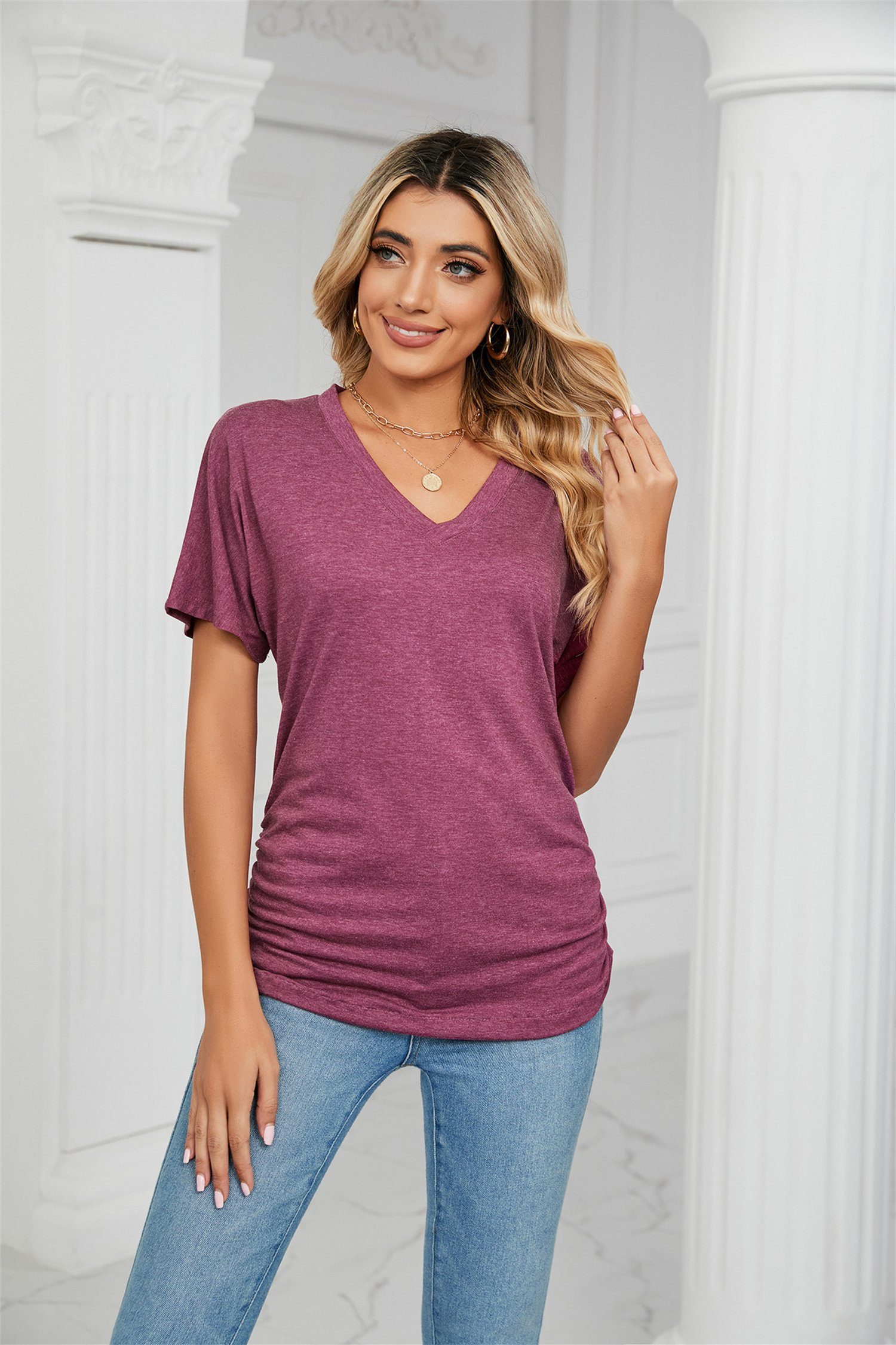 carefully selected V-Shirt Damen-T-Shirt, kurzärmelig, V-Ausschnitt, Sommer-Basic-Bluse Rot
