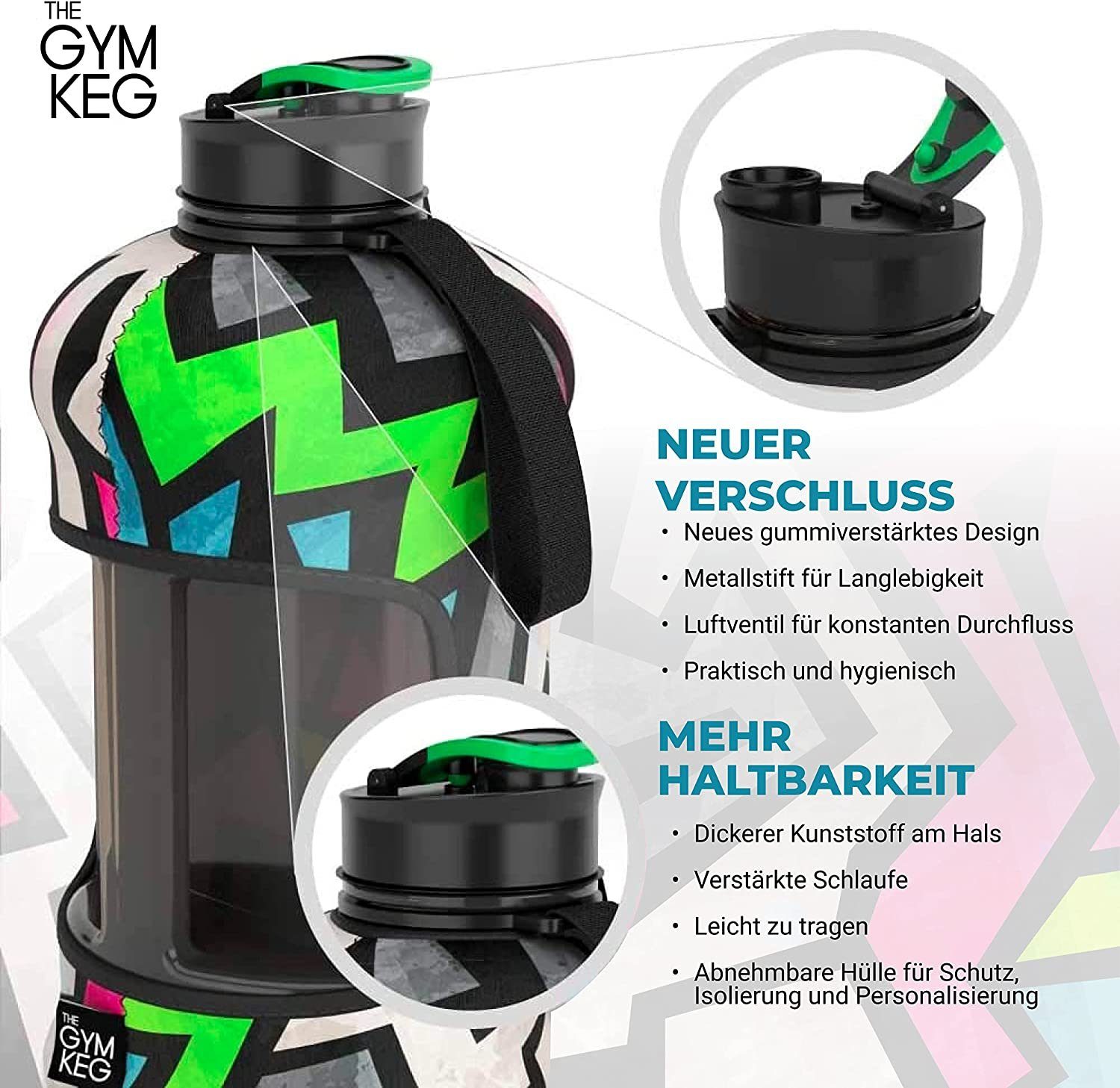 Keg Griff, Green Liter Neoprene The Sleeve Cargo Trinkflasche 2.2L Wiederverwendbar, 2.2 mit Gym Gym und Trinkflasche