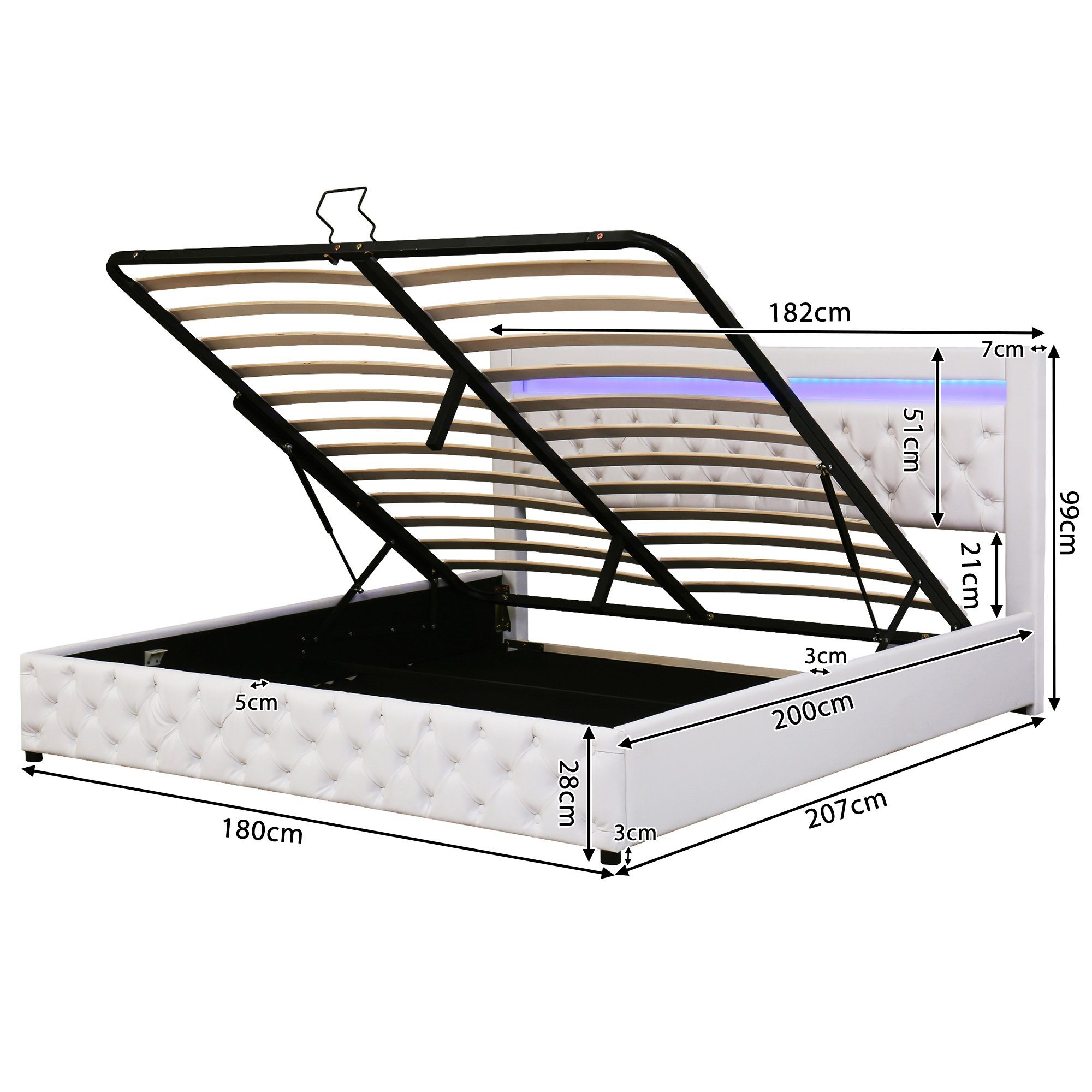 Boxspringbett (Hydraulisches Bett 180x200cm mit Bettkasten), Polsterbett mit LED-Beleuchtung, Kunstleder, weiches Kopfteil