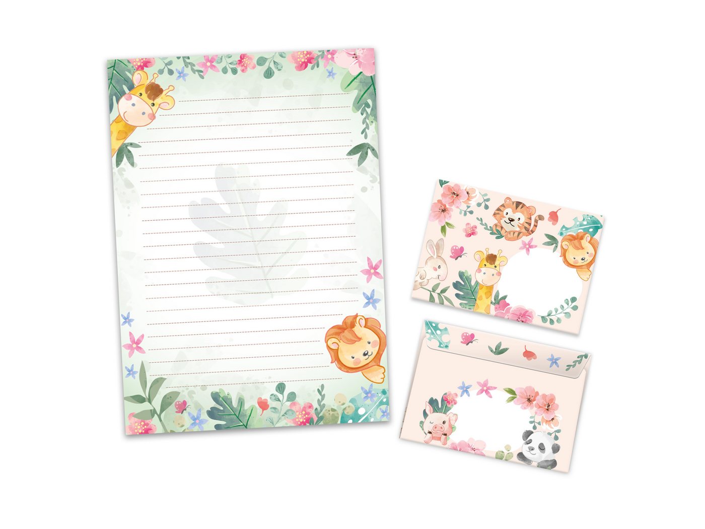 Thumbnail - JUNAPACK Briefpapier Set Kinder Briefblock A4 mit Umschlägen Notizblock Papier Löwe Giraffe, Kinder-Briefpapier A4 mit 1...