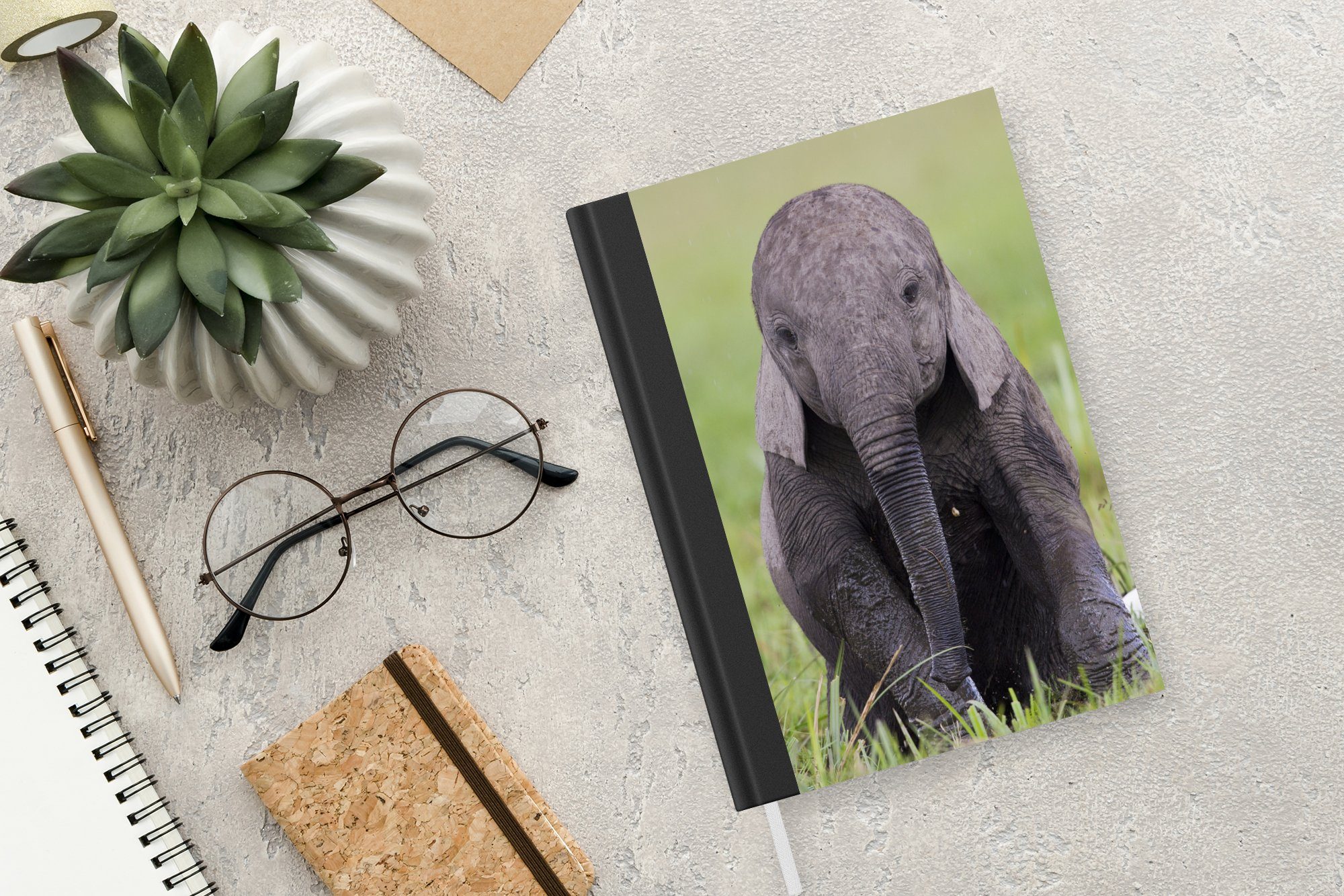 Notizbuch Gras Tagebuch, Notizheft, Natur, - 98 Journal, MuchoWow Tiere A5, Seiten, Baby Haushaltsbuch - Elefant Merkzettel, - -