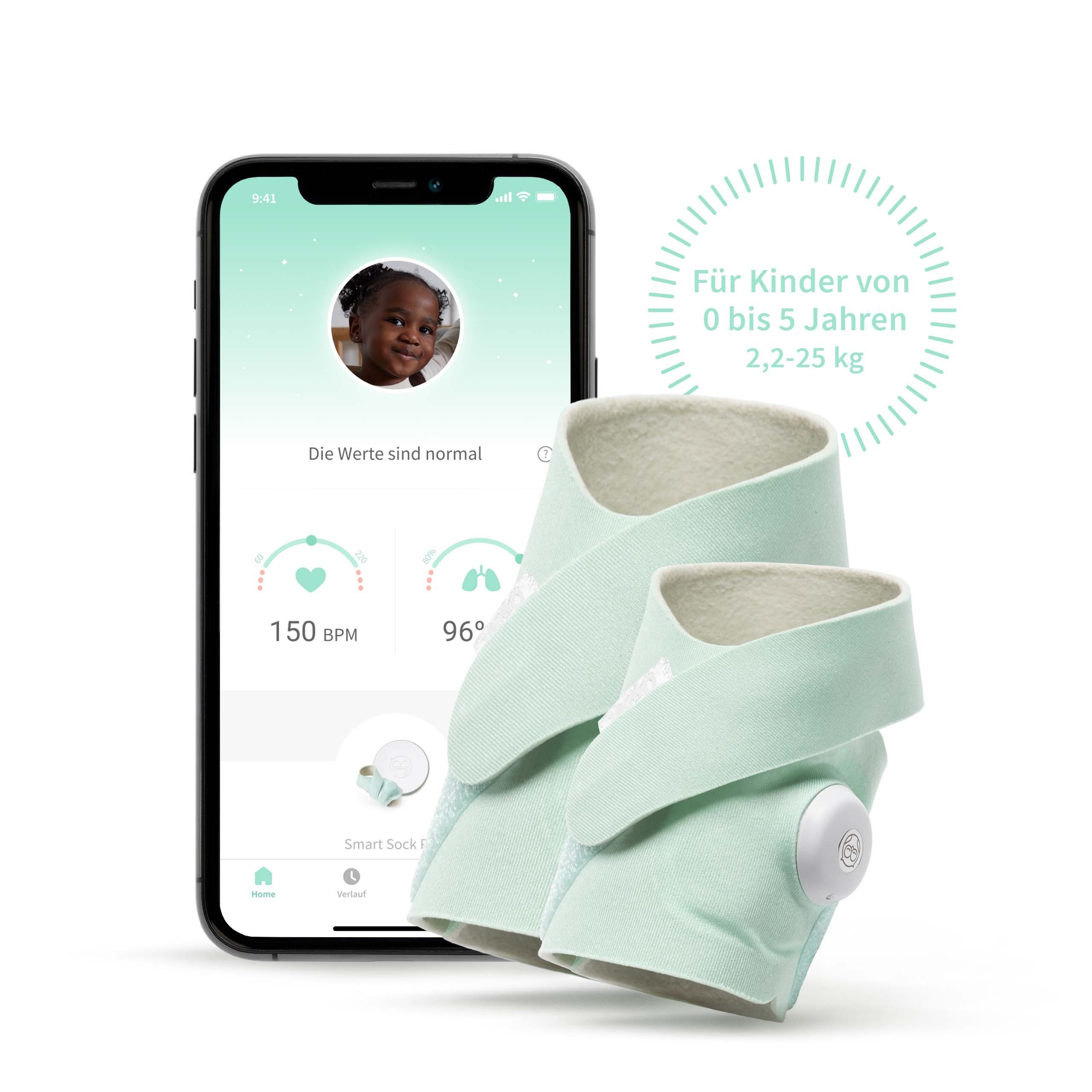 und Owlet 3 Baby Smart Care via Tracking Babyphone, Sock, Sock Smart - DE App Herzfrequenz Schlaf von Original-Mintgrün