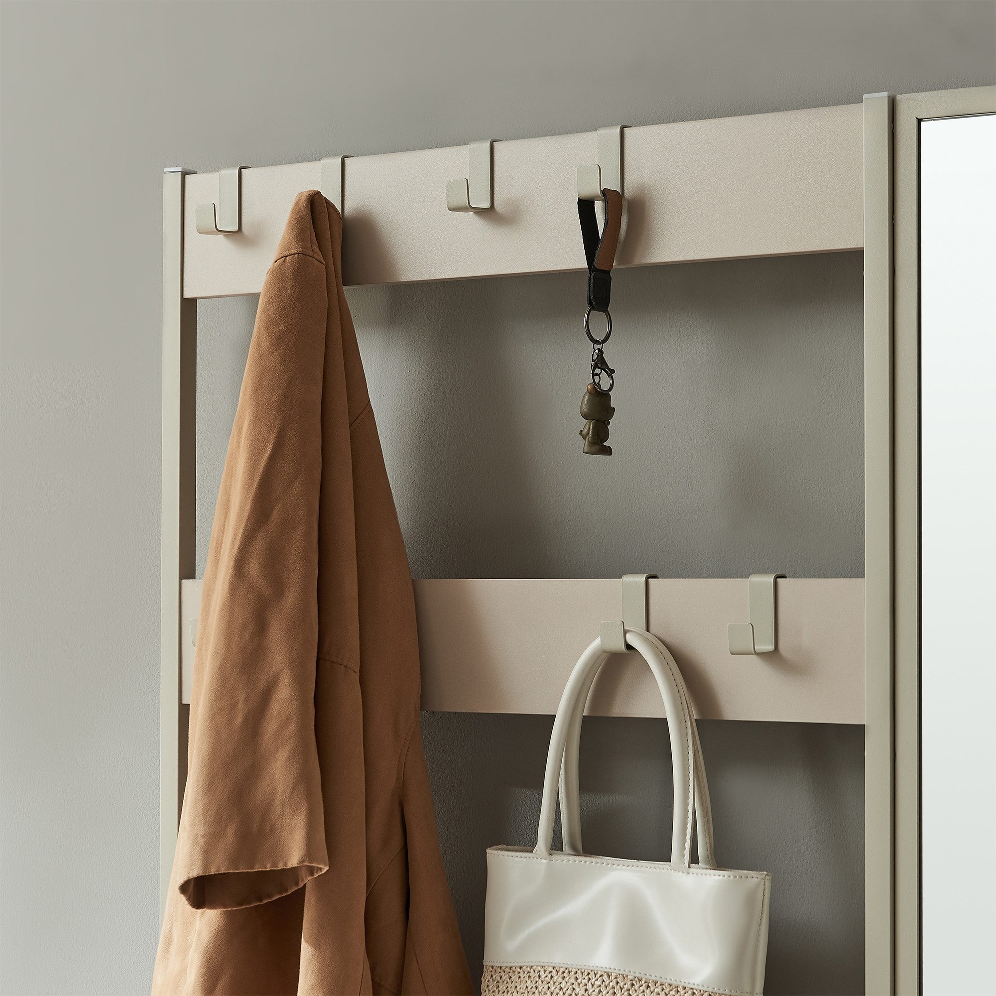 en.casa Garderobenständer, »Napinerg« mit Spiegel Schuhregal Sitzbank 185x98x34 cm Sandfarben