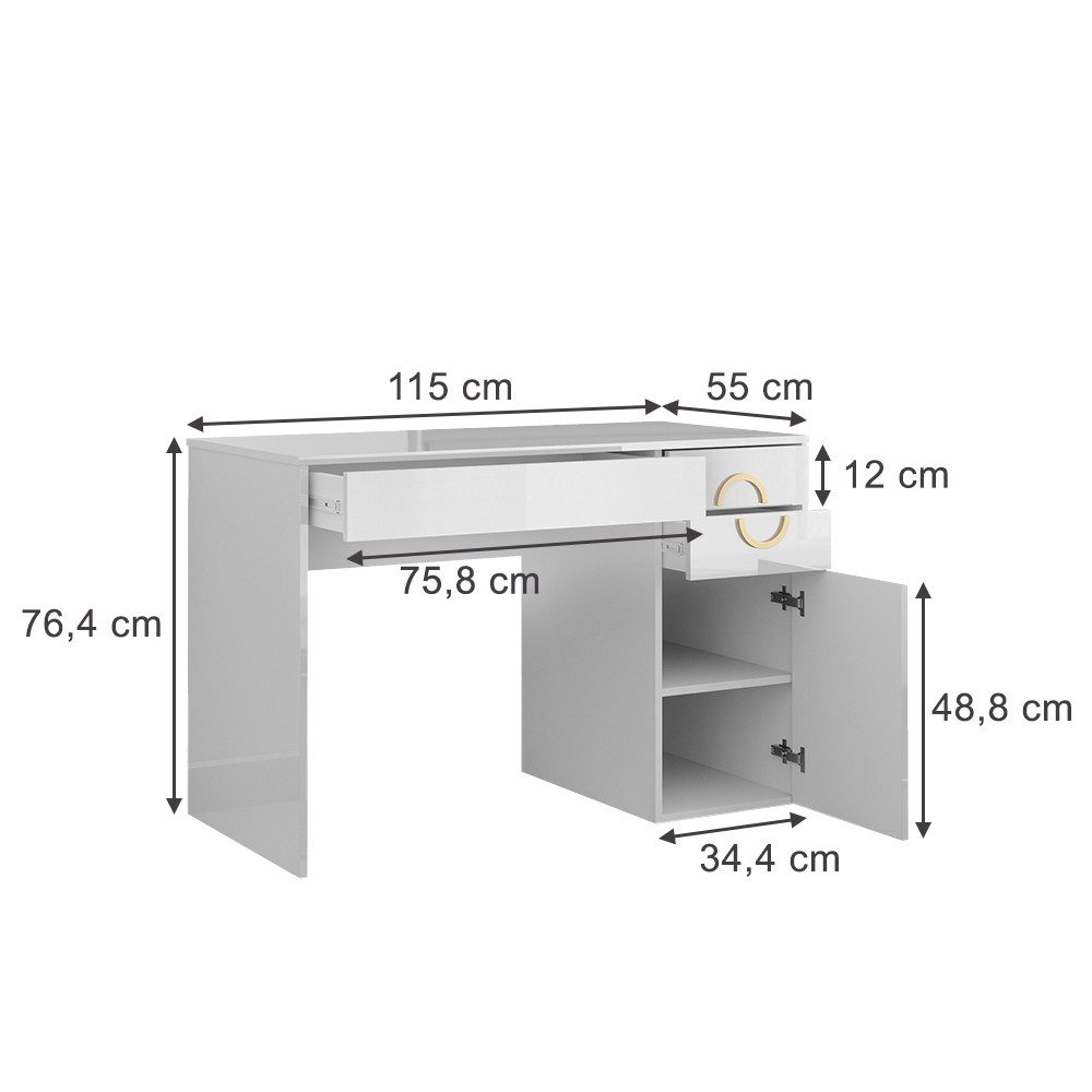 Vicco Schreibtisch Adela, Weiß Hochglanz, 115 x 55 cm mit 3 Schubladen (1-St)