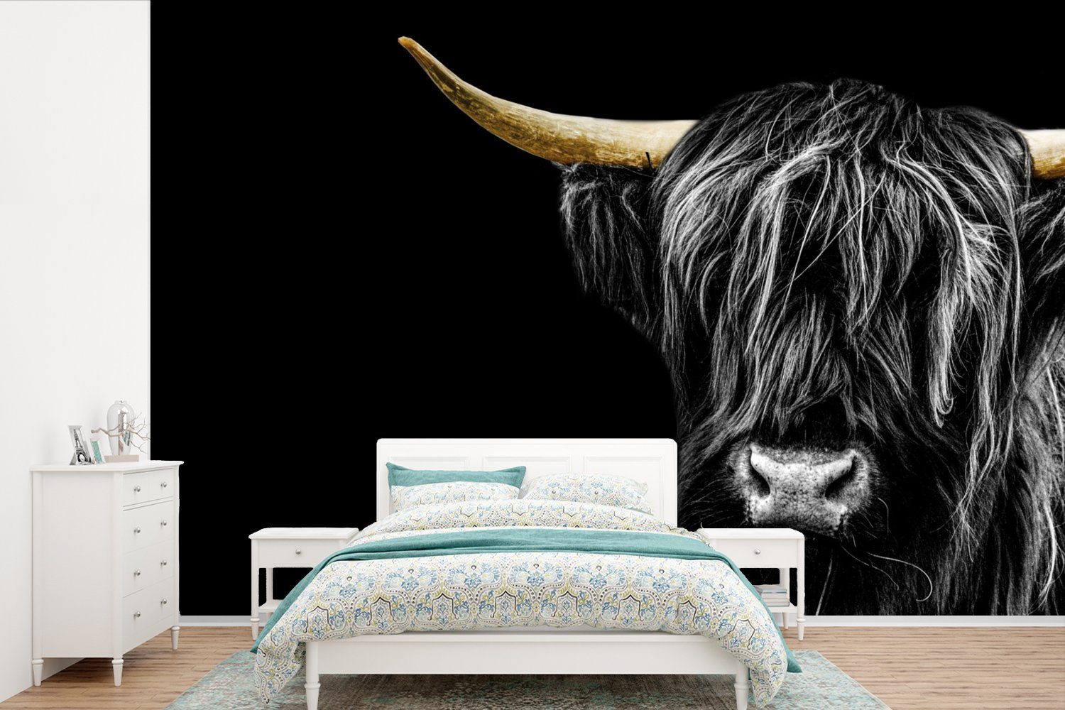 MuchoWow Fototapete Schottischer Highlander - Gold - Mantel - Tiere - Kuh, Matt, bedruckt, (6 St), Wallpaper für Wohnzimmer, Schlafzimmer, Kinderzimmer, Vinyl Tapete