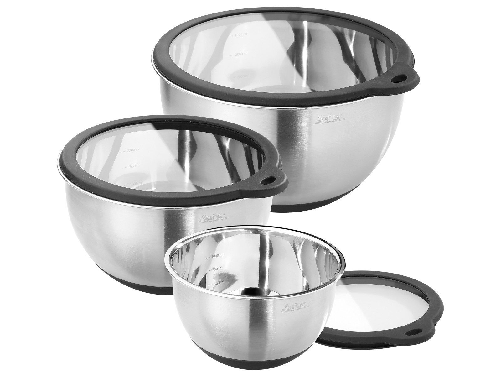 Spring Servierschüssel TOOLS FUSION2+ Schüssel-Set mit Glasdeckel 3tlg, Edelstahl / Glas, (Schüsseln & Schalen)