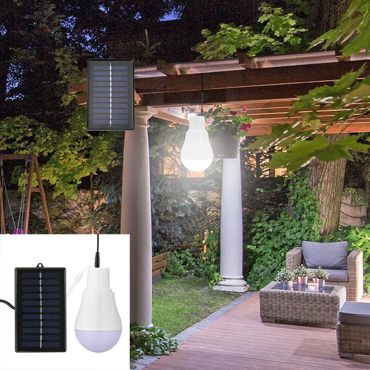 oyajia LED Solarleuchte Hängeleuchte, Solarleuchte für 600LM mit Campinglampe, LED 3W Birne 3.5m Camping, LED Außenbeleuchtung Angeln Solar Glühbirne, fest integriert, LED Lampe Tragbare Tageslichtweiß, Ladekabel, Wandern