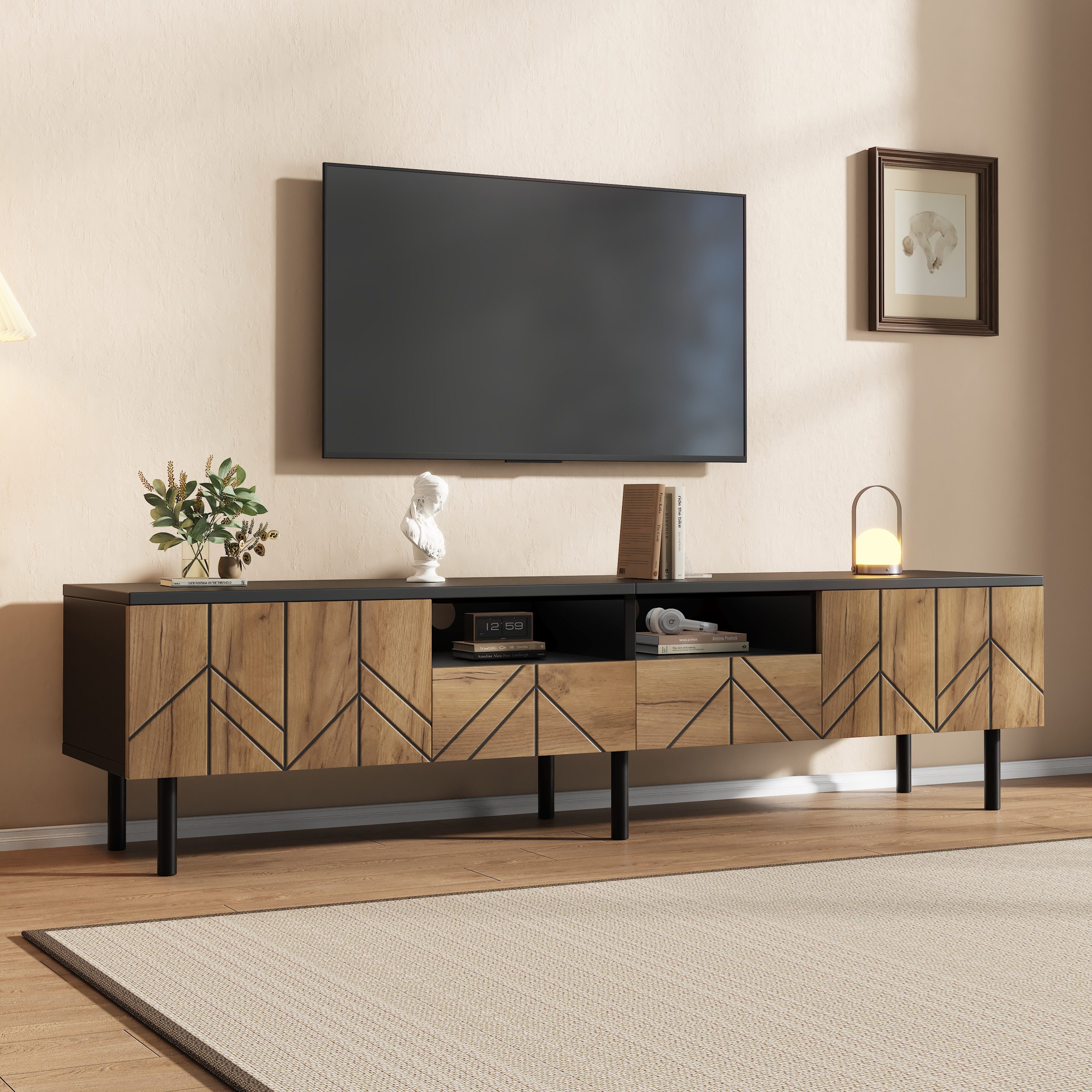 HAUSS SPOLE TV-Schrank mit Schubladen & Türen,Lowboard Fernsehtisch 180×40×45cm mit Holzoptik (Fernsehschrank Wohnzimmermöbel mit mehreren Staubereichen für Medienzubehör) TV-Möbel Medienkonsole mit Spanplattenkorpus,Naturholzfarbe + Schwarz