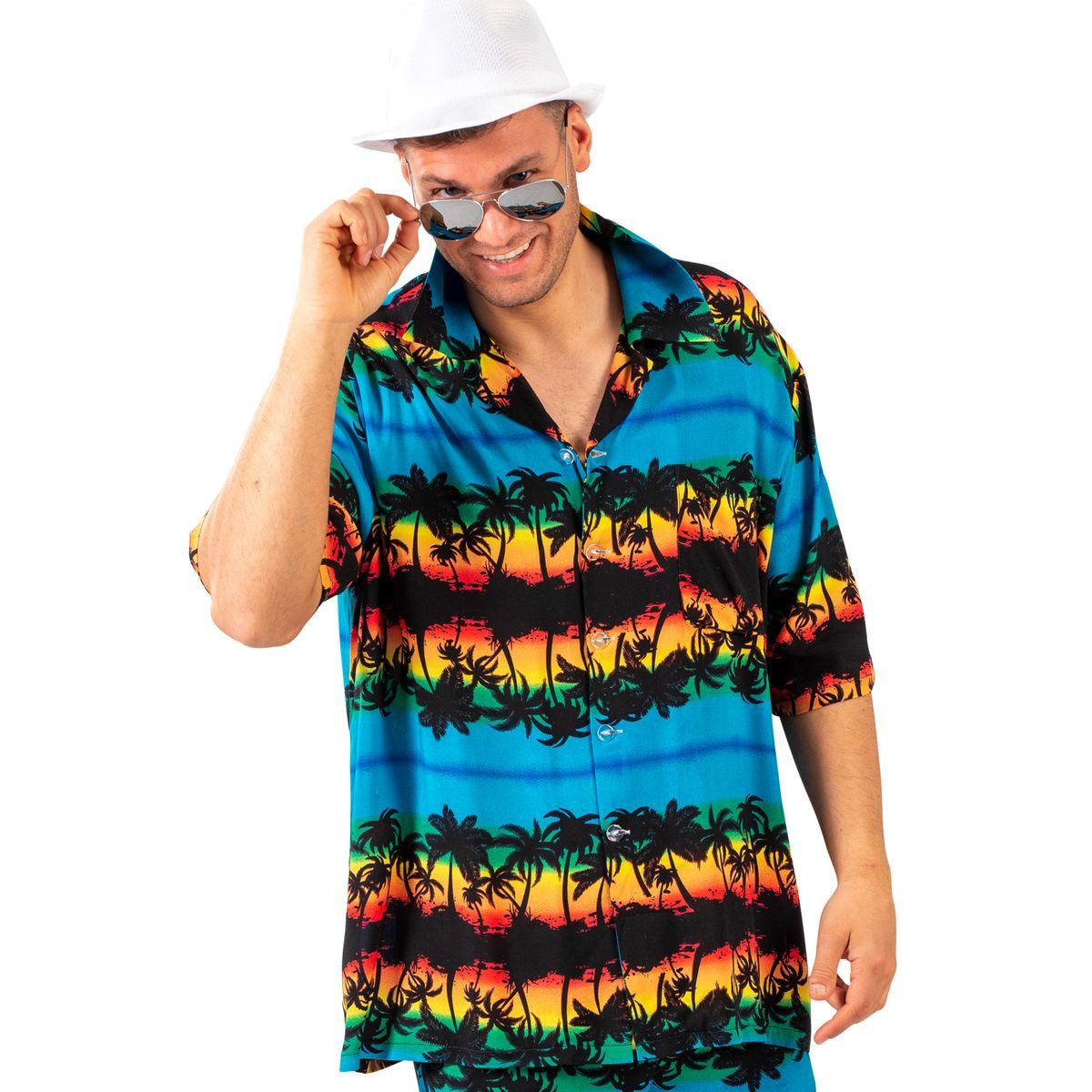 Funny Fashion Kostüm Hawaii Aloha Shirt Blau mit Palmen Sonnenuntergang für Herren