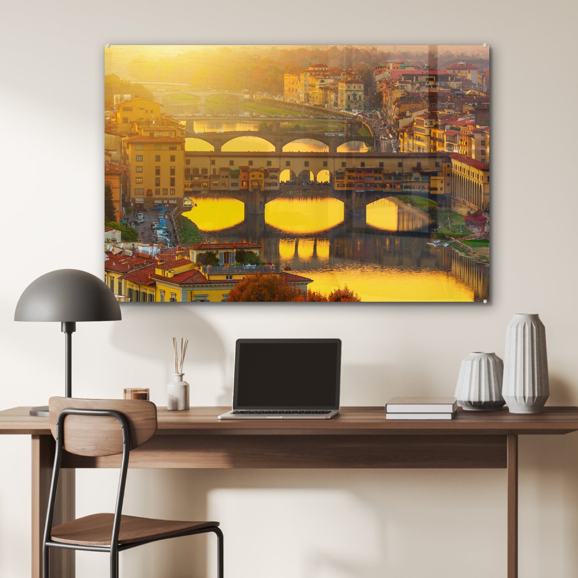 Wohnzimmer Beleuchtung durch in der (1 die Italien, Acrylglasbild Acrylglasbilder Ponte Sonne Schlafzimmer tiefstehende St), & MuchoWow Vecchio