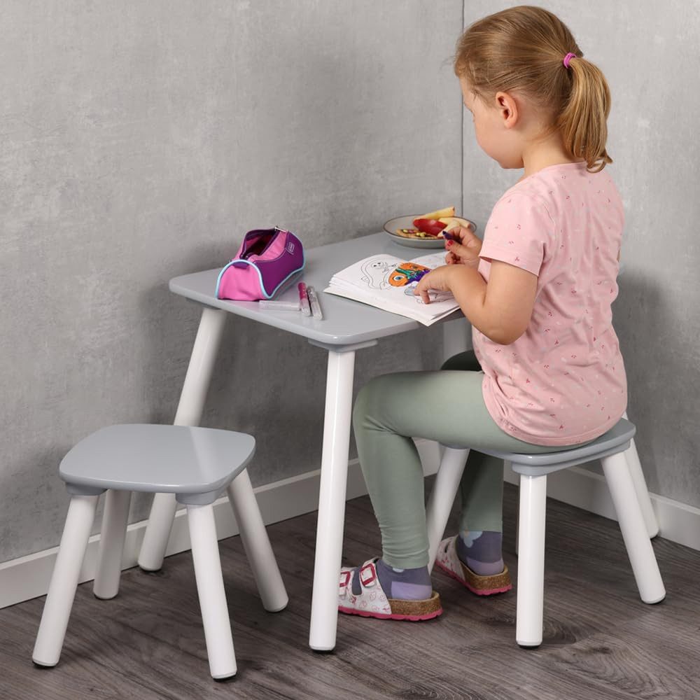 KESPER® Kindertisch Kindertisch mit 2 Stühlen, T 58x38x43,5 cm, S 24x24x25 cm, Grau, Weiß (1-St)