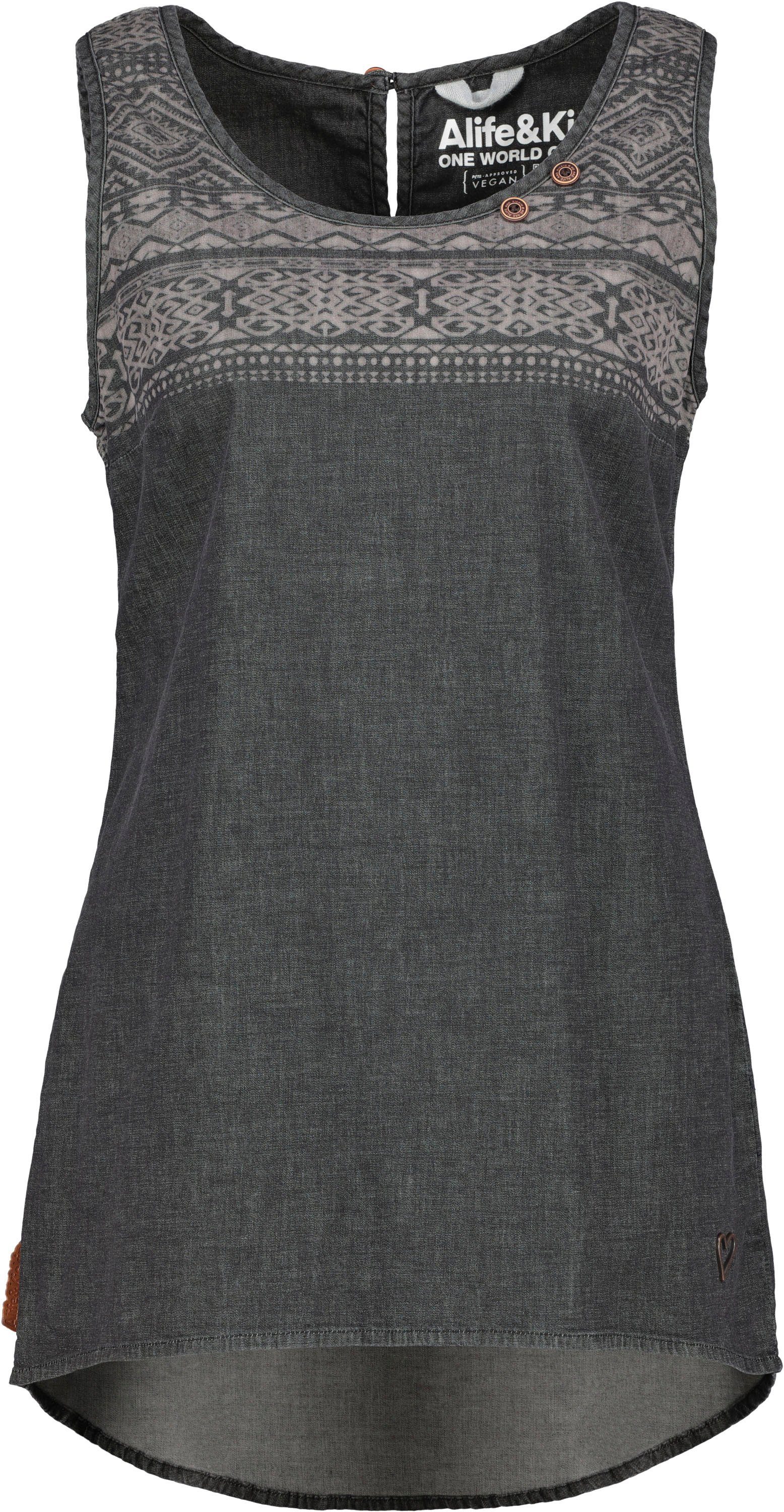 Jeansbluse in Denim-Top denim CarliAK Spitzen-Optik, & mit Print black Stretch-Qualität Kickin print Alife Print feminines