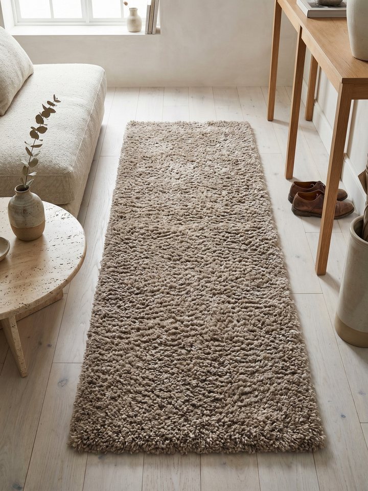 KADIMA DESIGN Teppich RHEIN Shaggy Langflor Wohnzimmer Schlafzimmer Waschbar Esszimmer, Läufer, Höhe: 32 mm, Beige, 60x110 cm, Wohnzimmerteppich Strapazierfähig Waschbar