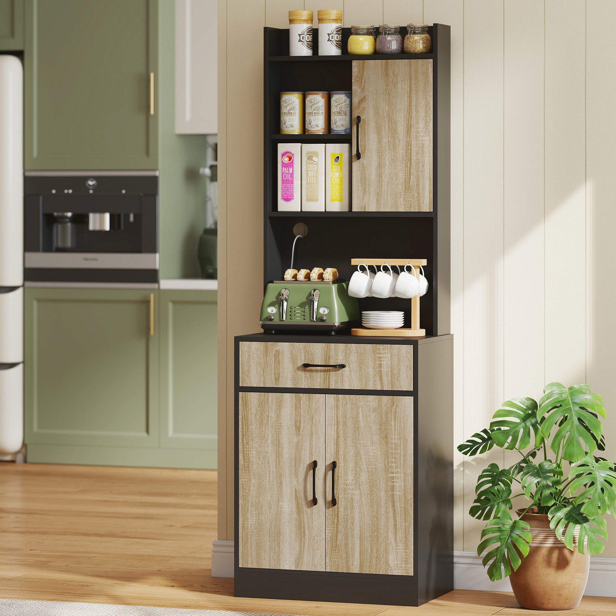 HOMCOM Mehrzweckschrank Küchenschrank mit 3 Türen, Schublade, Vitrinenschrank (Hochschrank, 1-St., Buffetschrank) mit Kabelmanagementloch, Naturholz+Schwarz