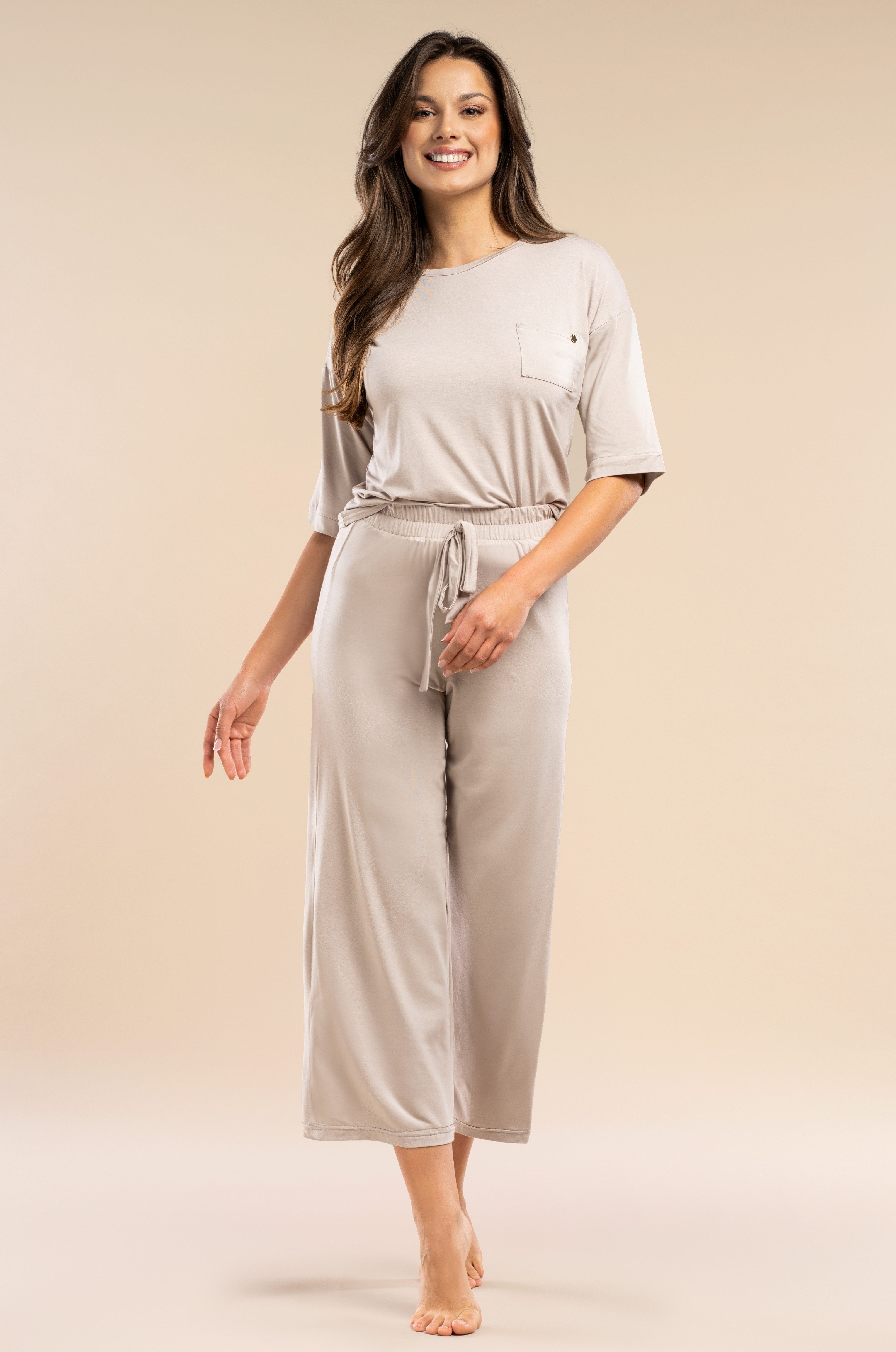 Mademoiselle Sommeil Pyjama Schlafanzug in Beige aus EcoVero™ Viskose – Halbarm & 7/8-Hose (2 tlg) edle Nachtwäsche aus luxuriösem Material