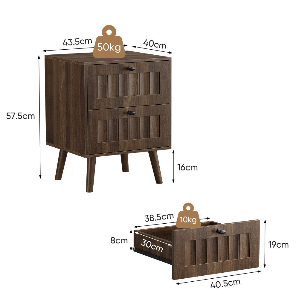 BBWL Nachttisch 2 Schubladen Holz Mid Century Beistelltisch mit Massivholzbeinen, Walnuss moderner Schlafzimmer Tisch – Bild 3 von 5
